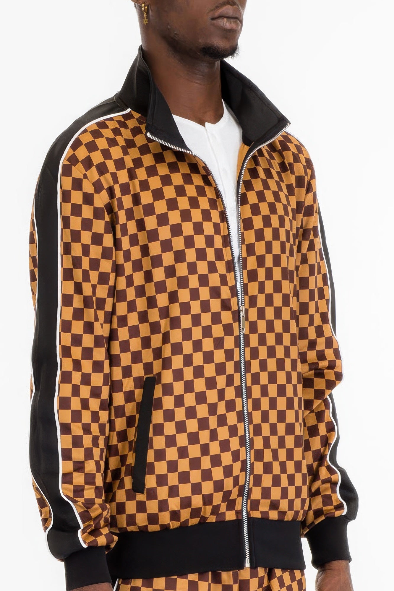 Brown checkered men's full-zip jacket by Golden Heir, featuring a stylish design and comfortable fit.