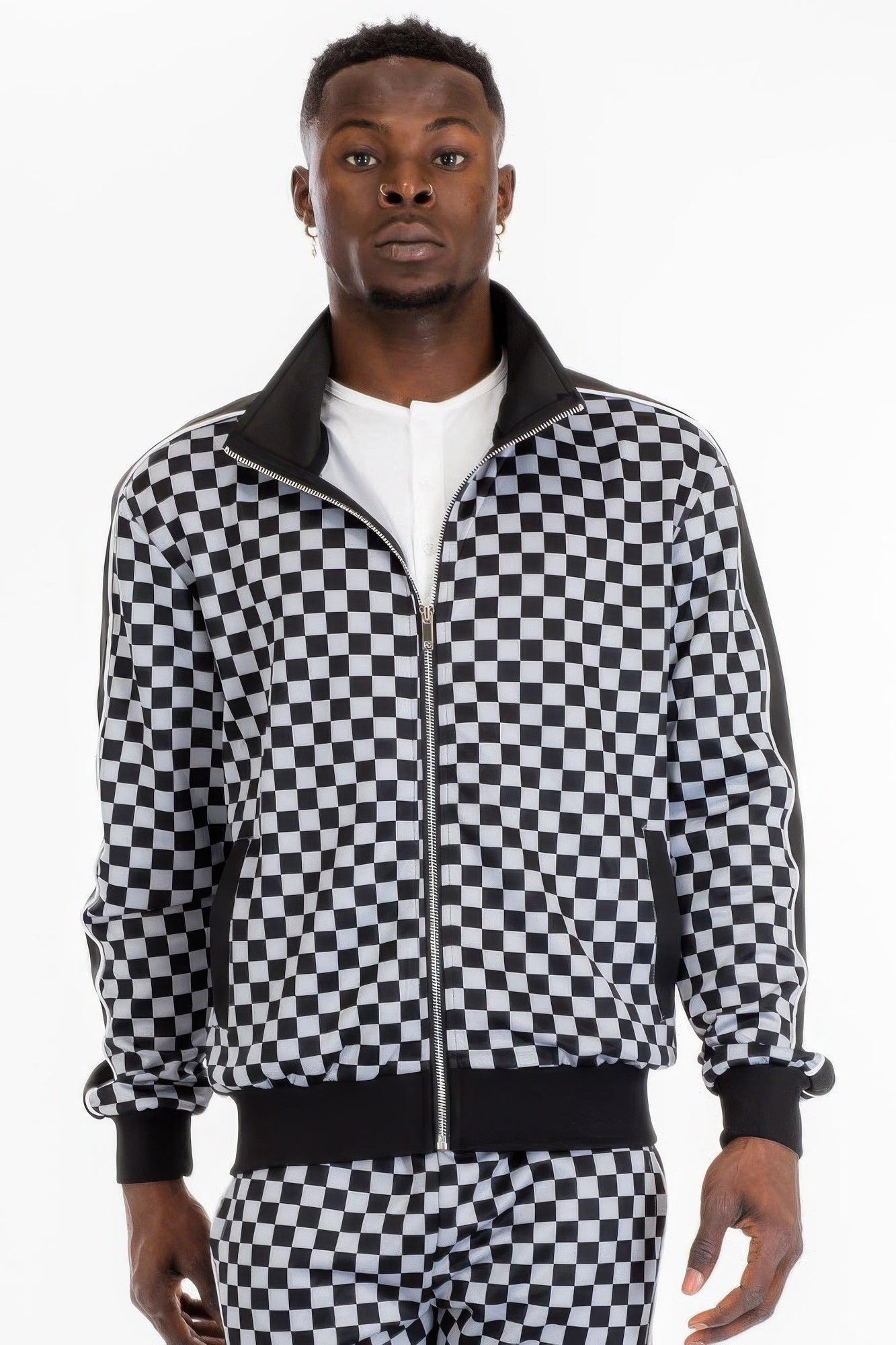 Golden Heir men's full zip checkered jacket in brown, featuring a stylish and comfortable design with a full front zipper.