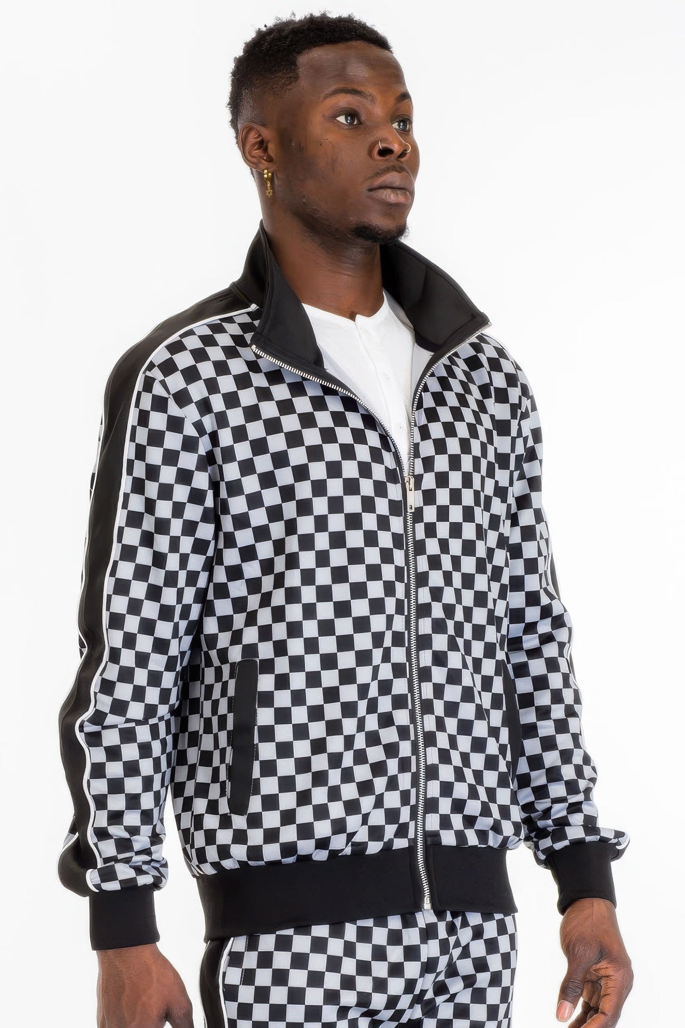 Golden Heir men's full zip checkered jacket in brown, showcasing a stylish and comfortable design with a classic pattern.
