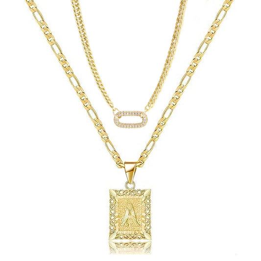 Golden Heir double-layer gold necklace with 26 letter charms and zircon circle accents, showcasing elegant jewelry design.