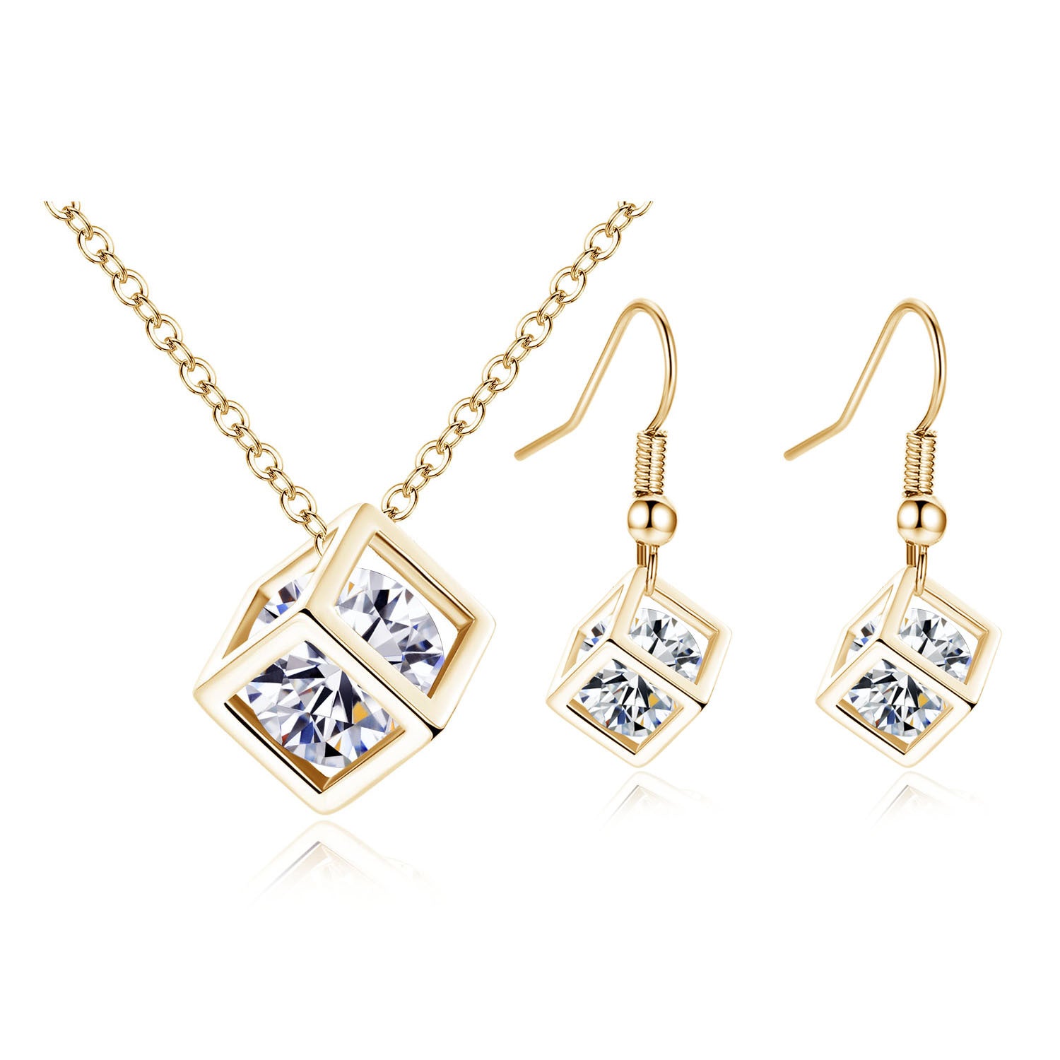 Golden Heir Water Cube Zircon jewelry set featuring gold-toned necklace and earrings with sparkling zircon stones.