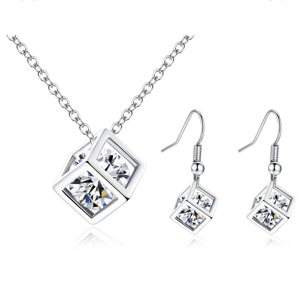 Gold Water Cube Zircon Jewelry Set by Golden Heir featuring a necklace and earrings with sparkling zircon stones.