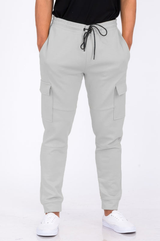Black Golden Heir cargo jogger pants with relaxed fit, featuring multiple pockets and a comfortable elastic waistband.