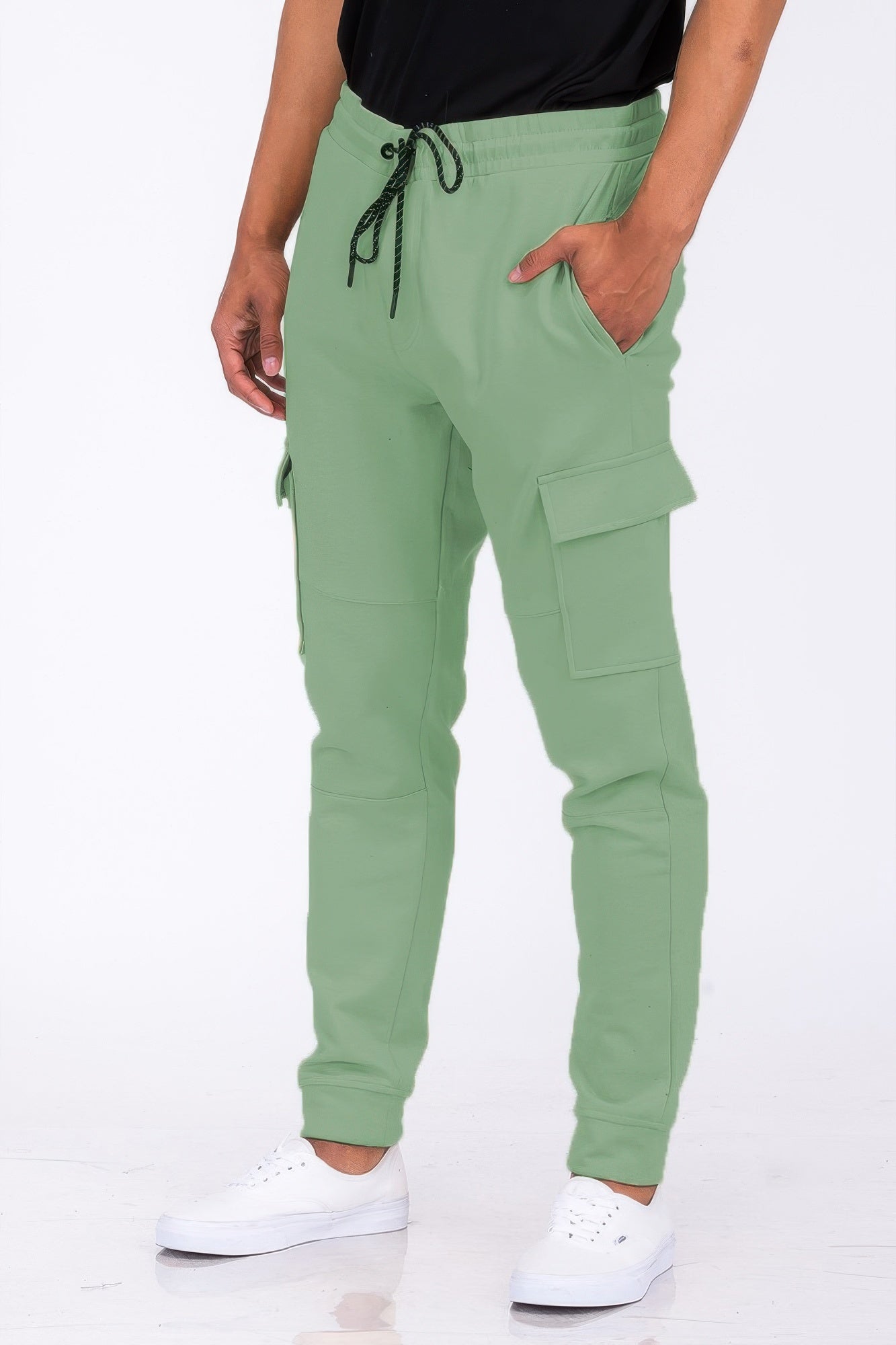 Black Golden Heir cargo jogger pants with relaxed fit and adjustable waistband, featuring multiple cargo pockets.