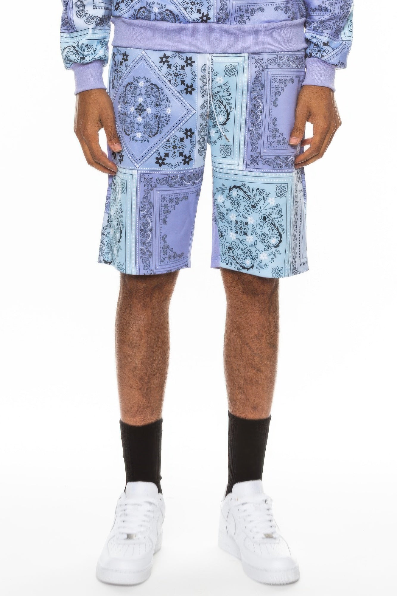 Golden Heir men's jogger shorts in black with paisley bandana print, featuring a comfortable fit and stylish design.