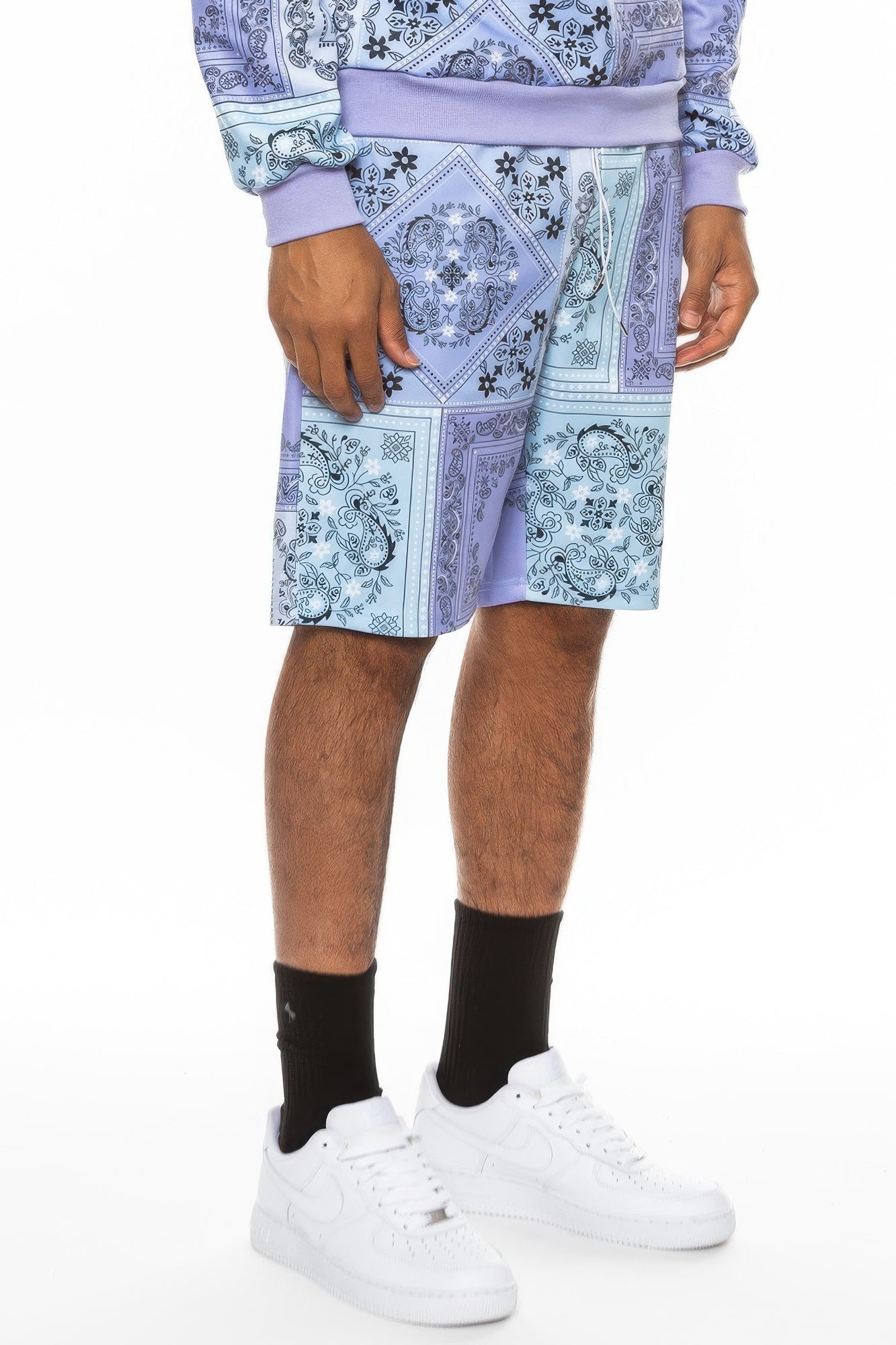 Golden Heir men's black jogger shorts with paisley bandana print, casual mens shorts for comfortable style.