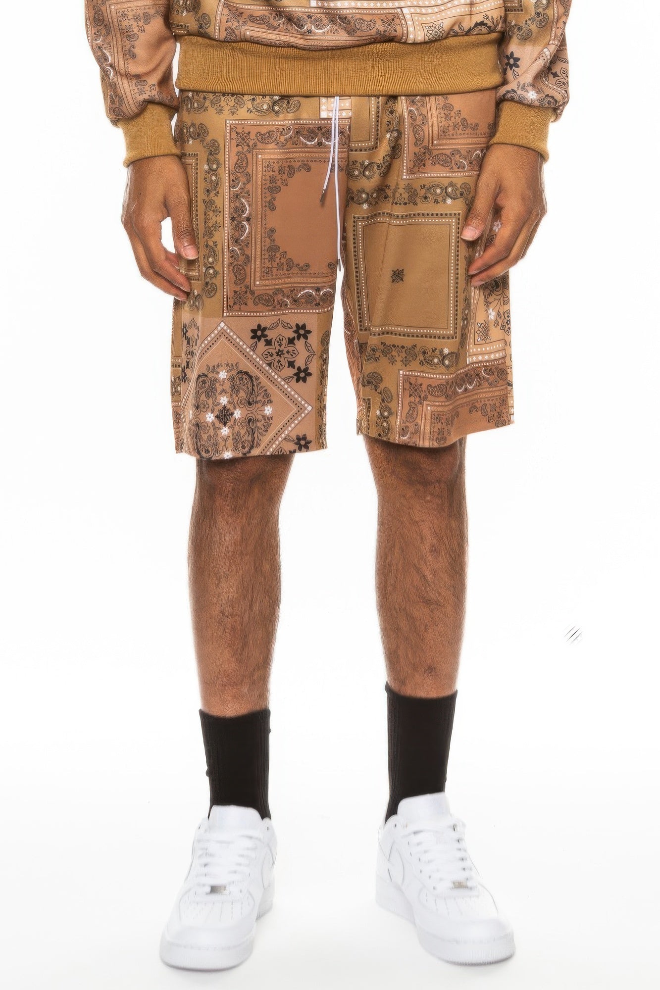 Golden Heir men's paisley bandana print jogger shorts in black, featuring a stylish and comfortable design.
