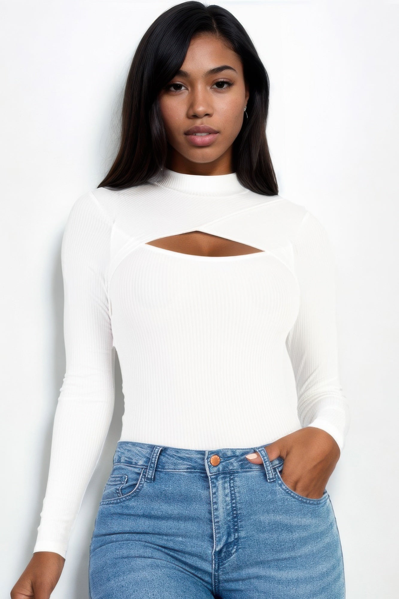 Golden Heir black long sleeve cut-out bodysuit with sculpted front and stylish design, featuring a sleek and fitted silhouette.