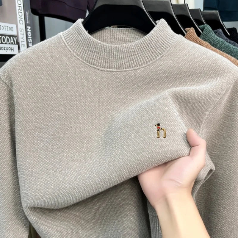 Beige Golden Heir men's long sleeve crewneck top, casual style, close-up of soft fabric and fitted design.