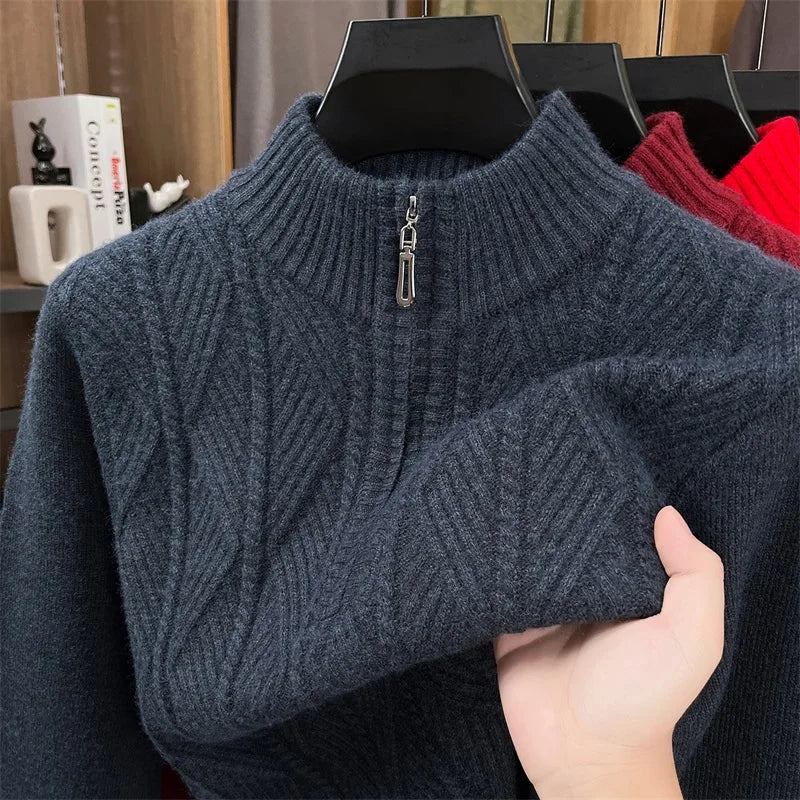 Golden Heir thickened wool crewneck sweater, long sleeve top in dark gray, showcasing cozy, warm knit fabric.