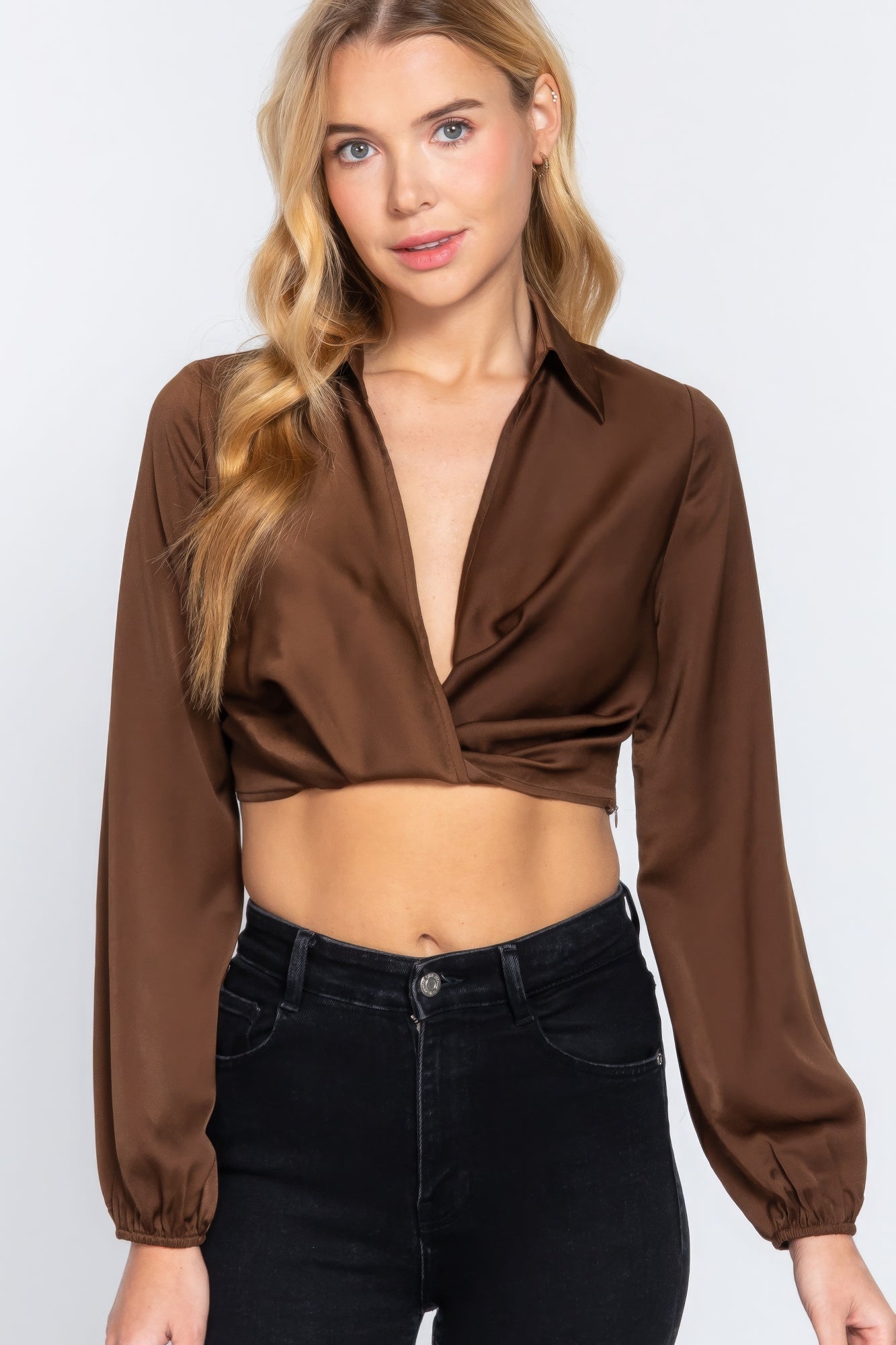 Golden Heir long sleeve twist top with notched collar, stylish and comfortable for casual or dressy occasions.