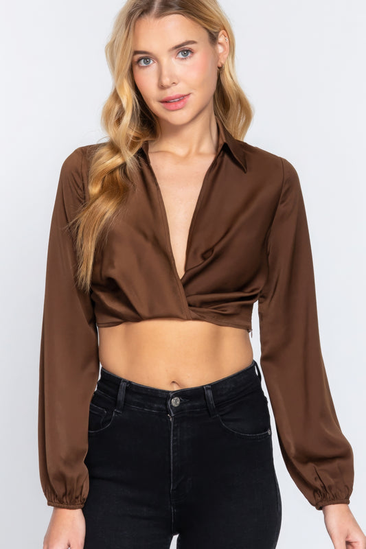 Golden Heir long sleeve twist top with notched collar, stylish and comfortable for casual or dressy occasions.