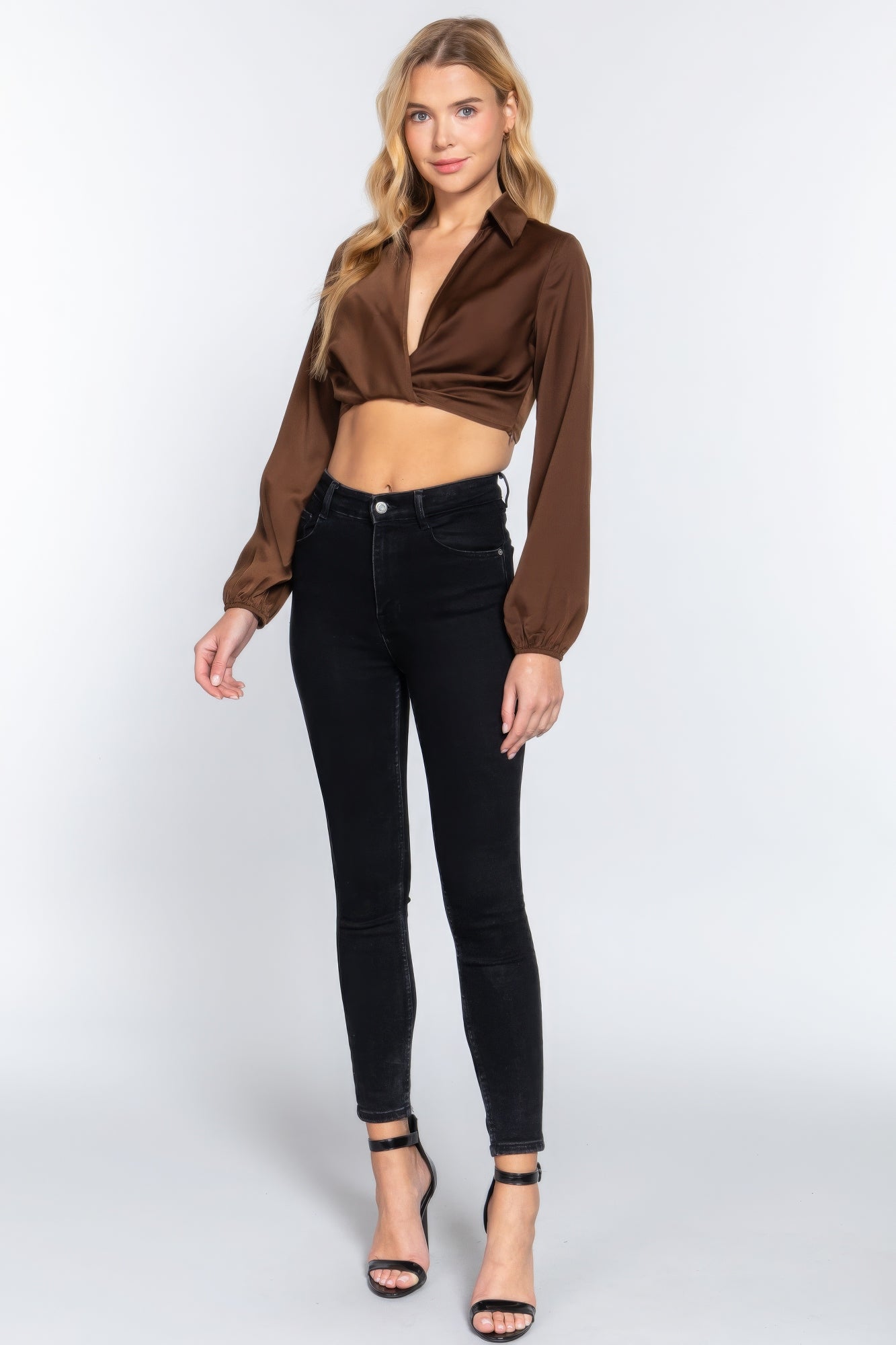 Golden Heir long sleeve twist top with notched collar, stylish and comfortable women’s long sleeve shirt.