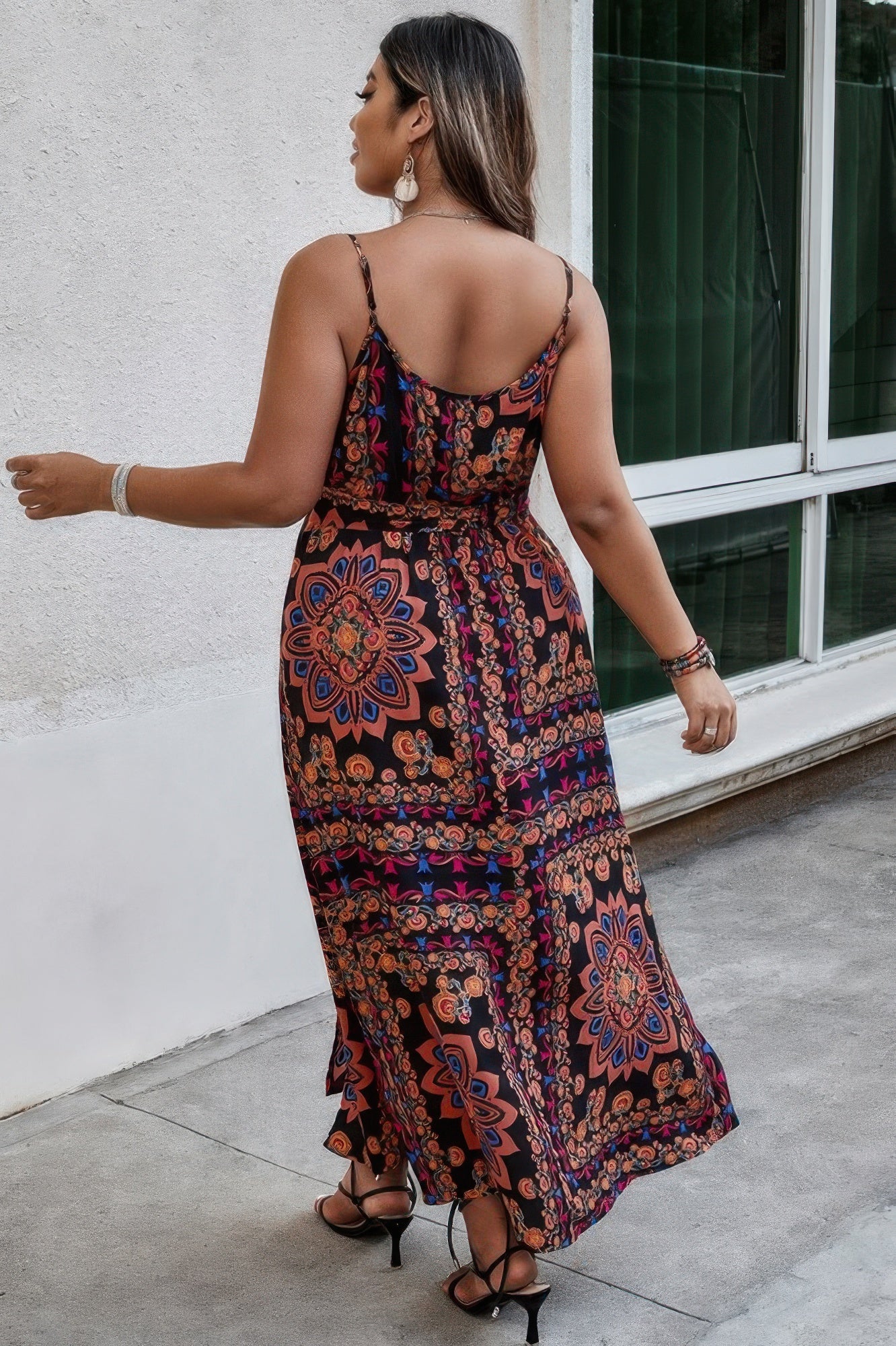 Golden Heir plus size floral boho maxi dress with belt, sleeveless cami style, flowing black fabric and relaxed fit.