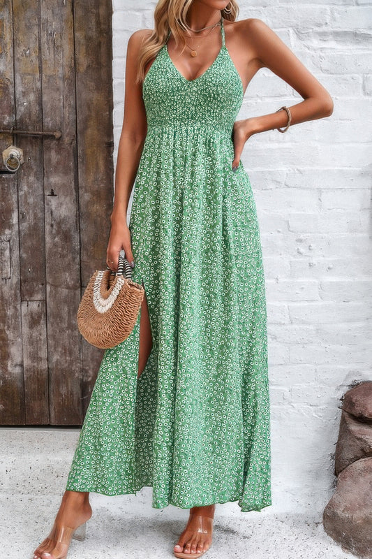 Golden Heir floral boho sleeveless maxi dress with tie waist and high waist design, featuring a vibrant blue and gold pattern.