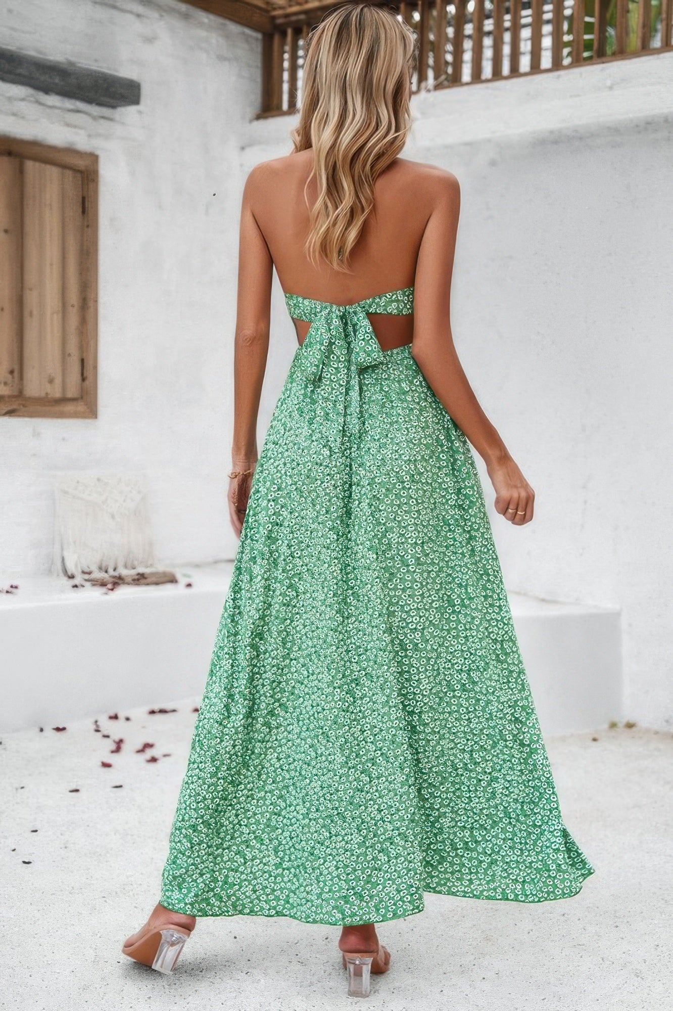 Golden Heir floral boho maxi dress with tie straps, sleeveless, high waist, featuring a vibrant blue and gold pattern.