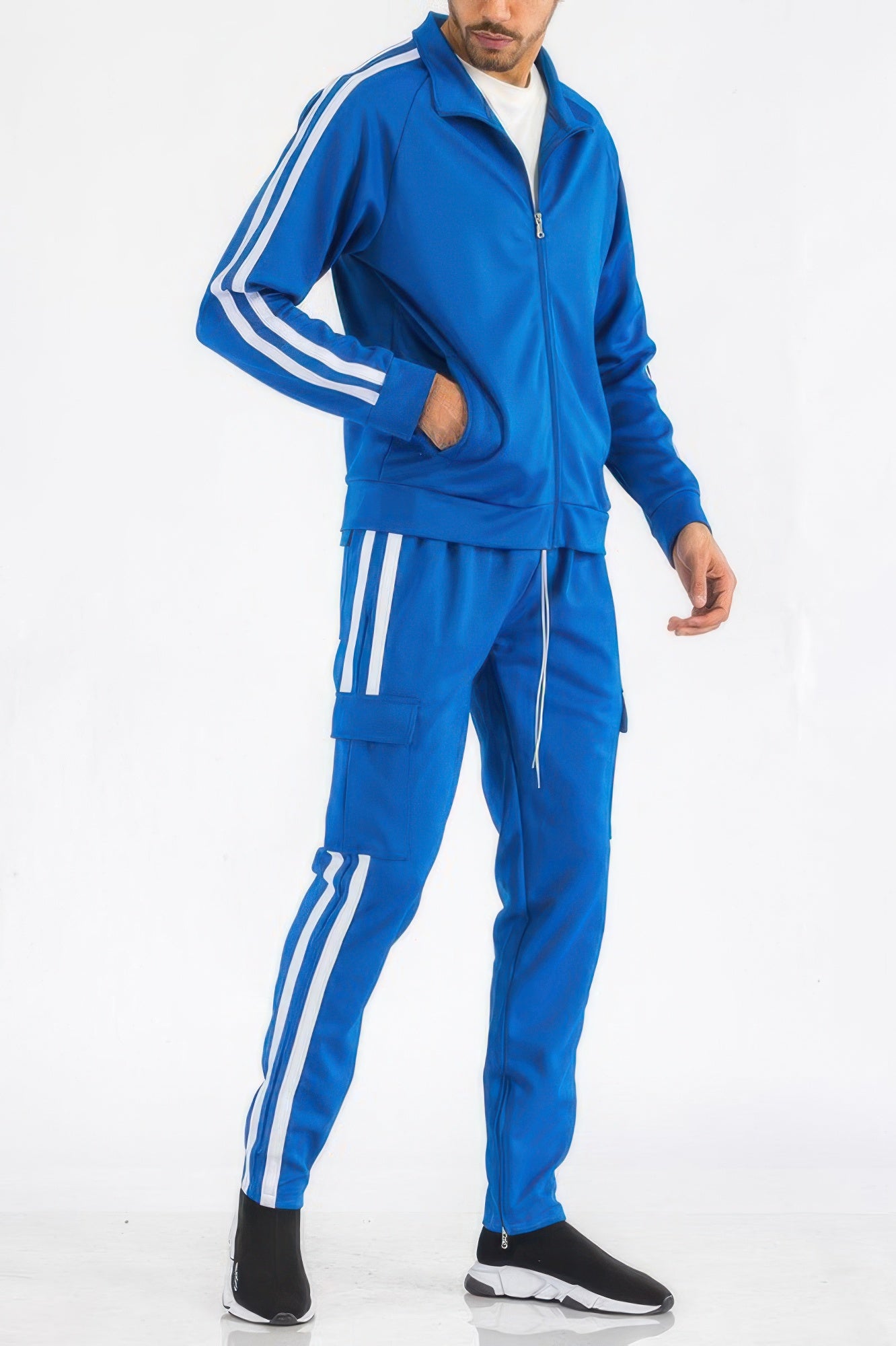 Golden Heir men's track set with aqua and white two-stripe design featuring utility pockets and relaxed fit.