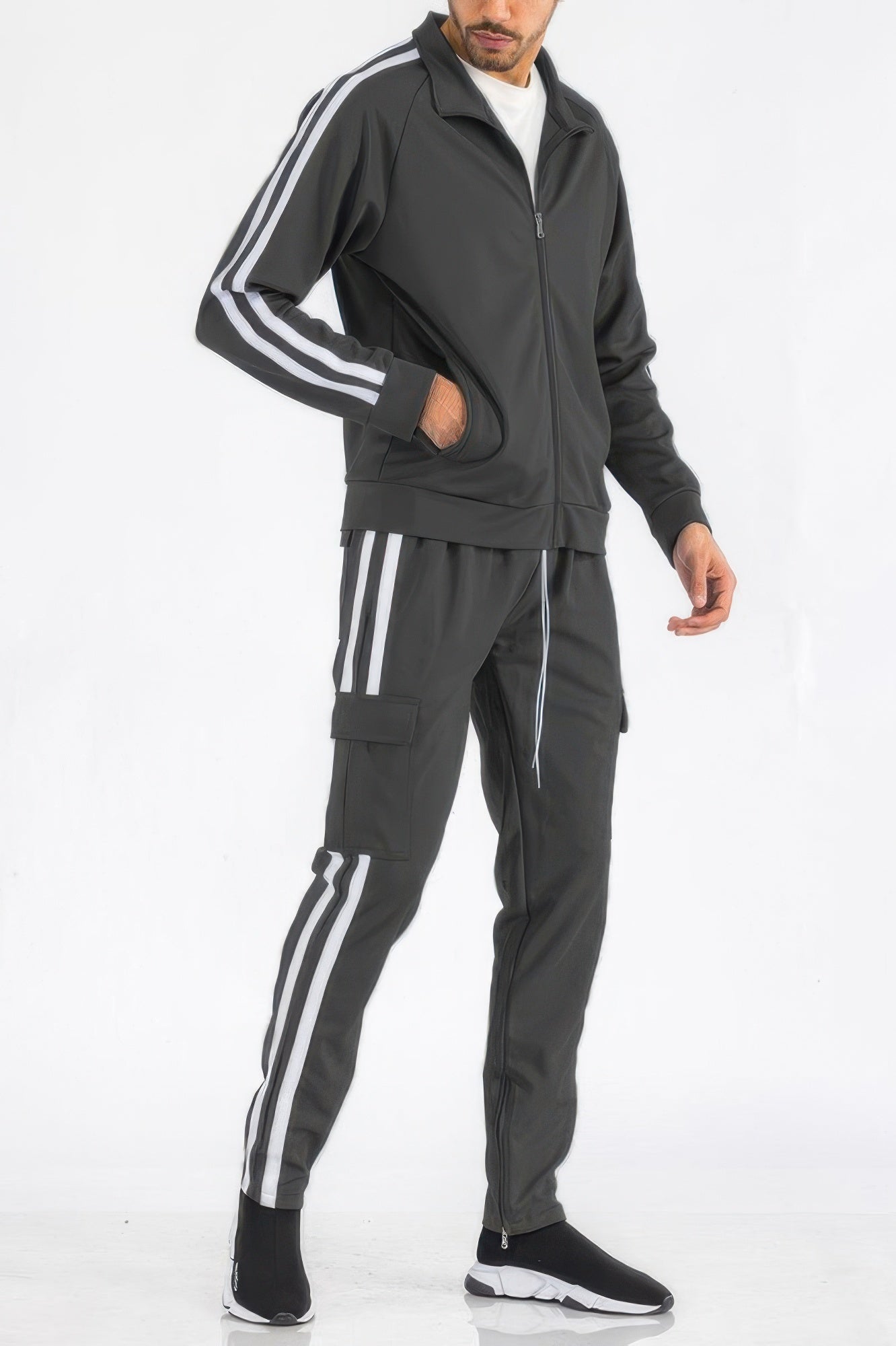 Golden Heir men's track set with aqua and white two-stripe utility pockets, featuring a comfortable athletic design.