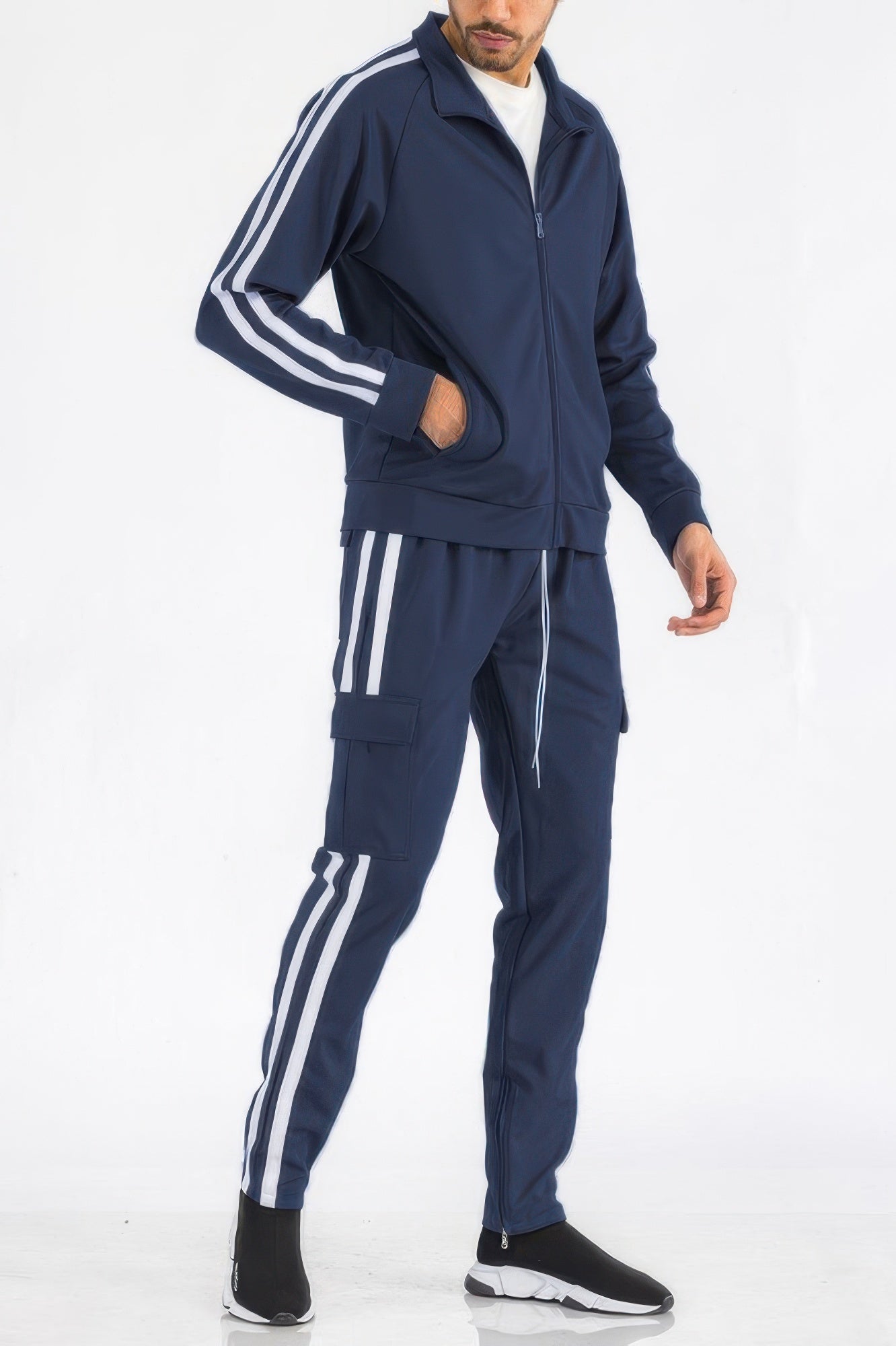 Golden Heir men's track set with aqua and white two-stripe utility pockets, stylish and comfortable athletic apparel.