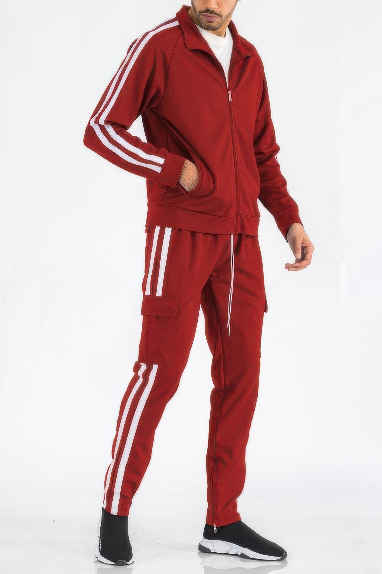 Golden Heir men's track set with aqua and white two-stripe design and utility pockets, stylish athletic apparel for men.