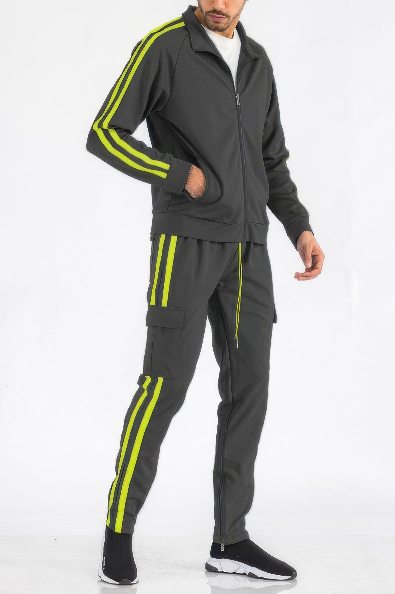Golden Heir men's track set with aqua and white two-stripe utility pockets, featuring a comfortable athletic design.