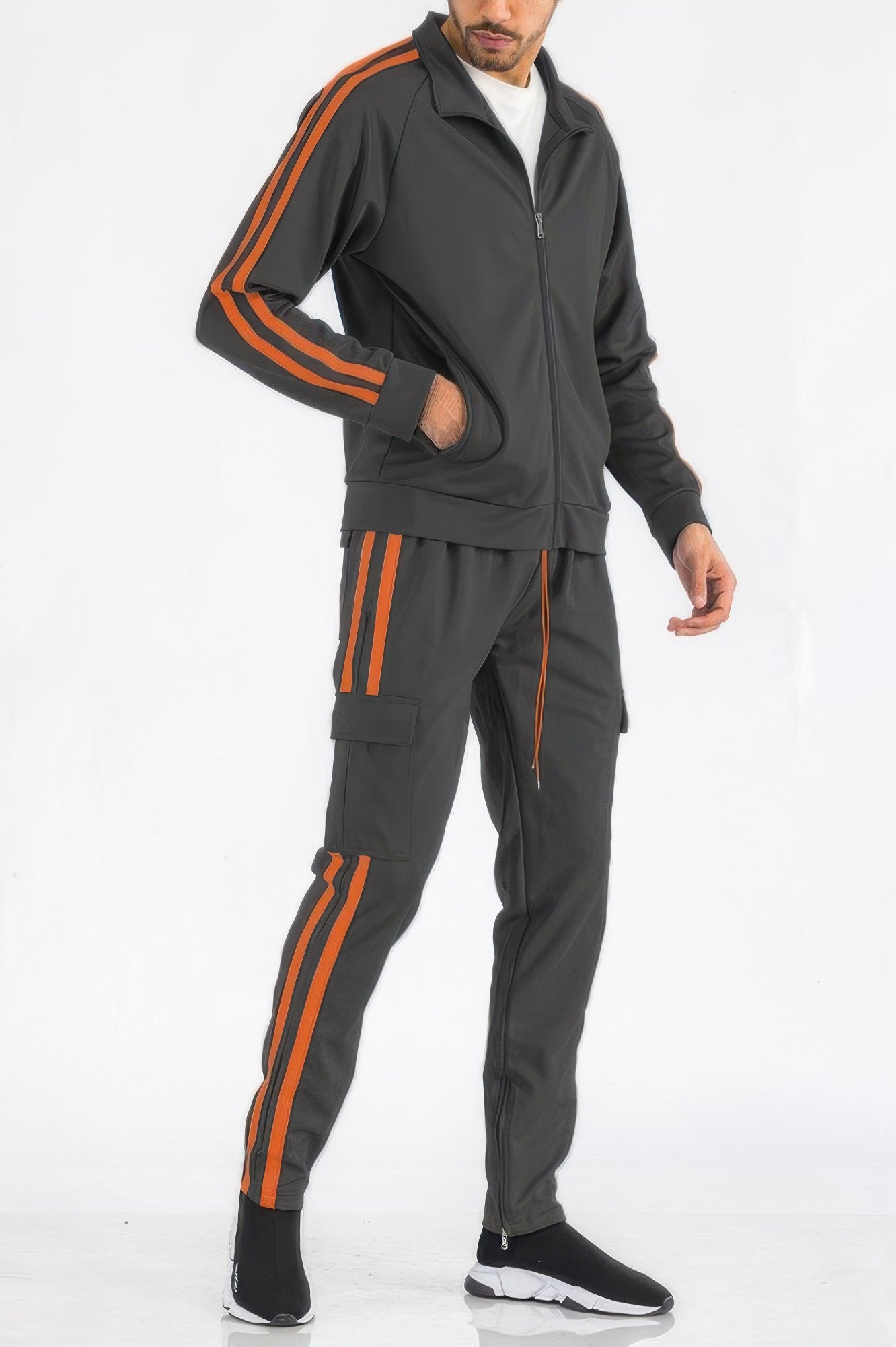 Golden Heir men's track set with aqua and white two-stripe design, featuring utility pockets and sporty style.