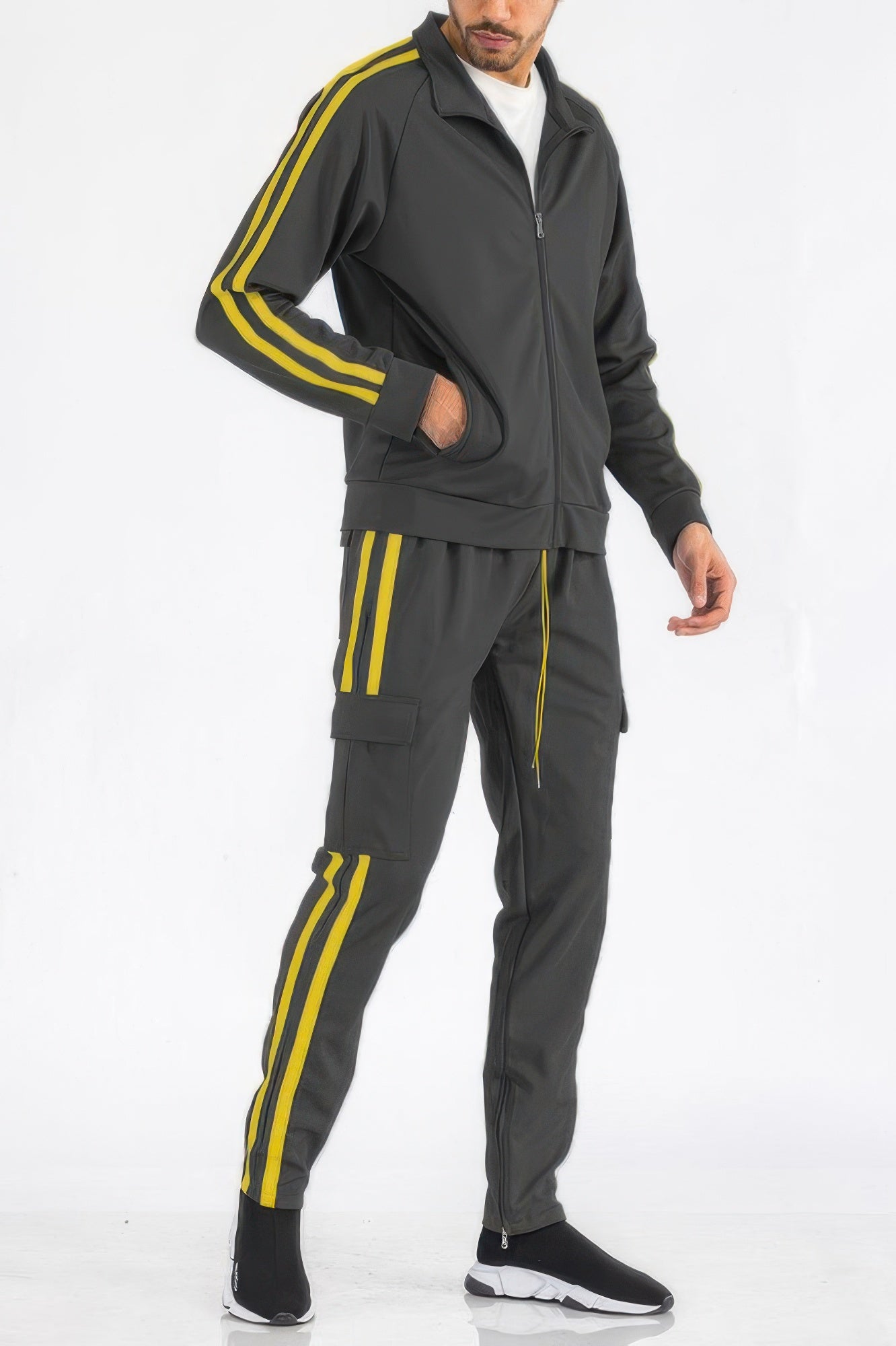 Golden Heir men's track set with aqua and white two-stripe design, featuring utility pockets and sporty style.