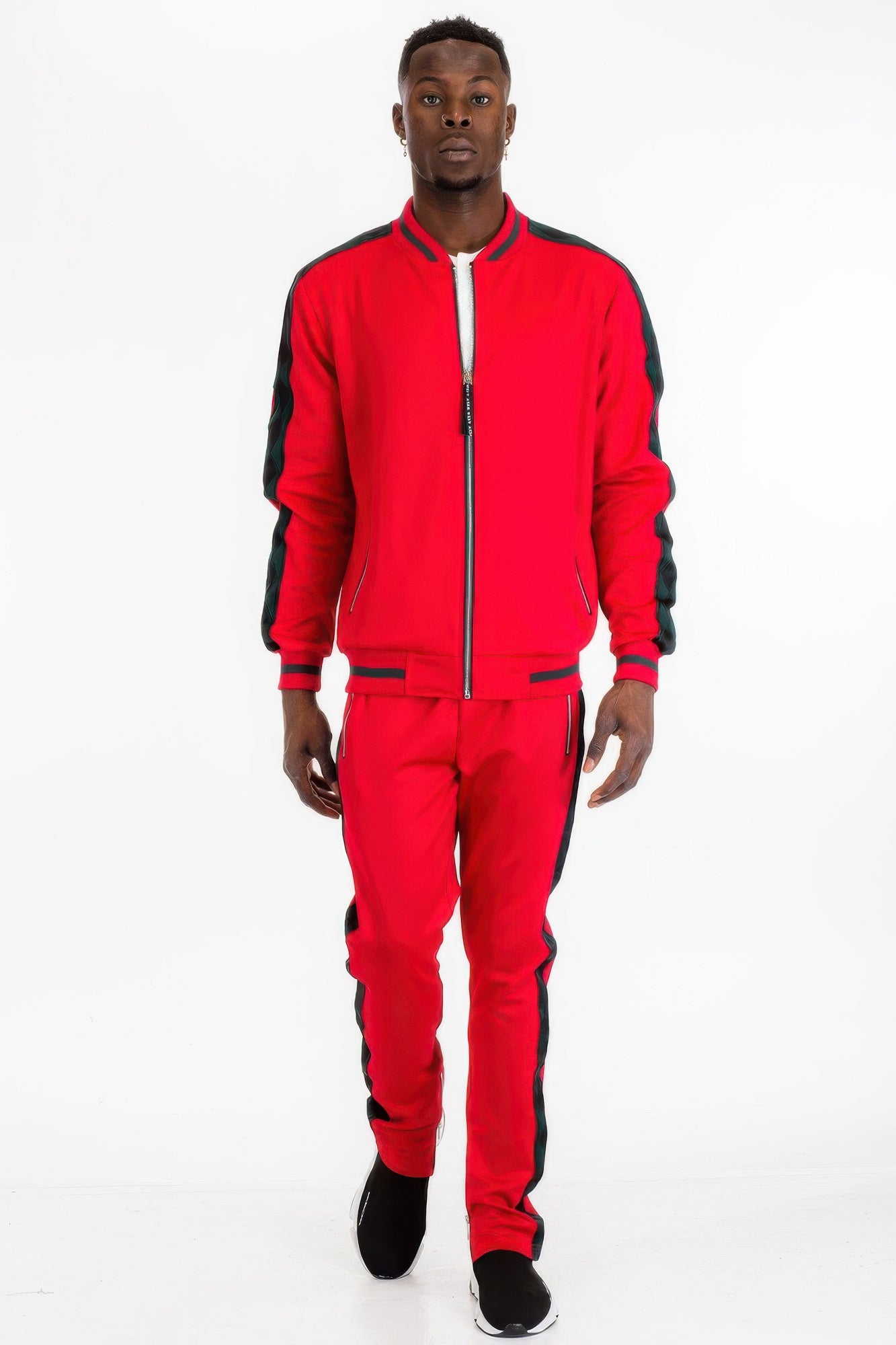 Golden Heir men's track set with black fabric and diamond tape accents, includes jacket and matching pants for sporty style.
