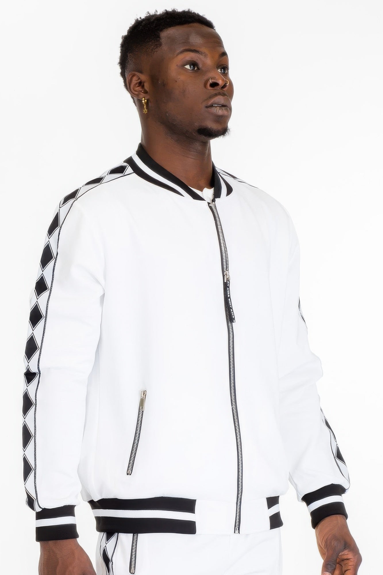 Golden Heir men's black diamond tape track set with matching jacket and pants, stylish athletic sportswear.