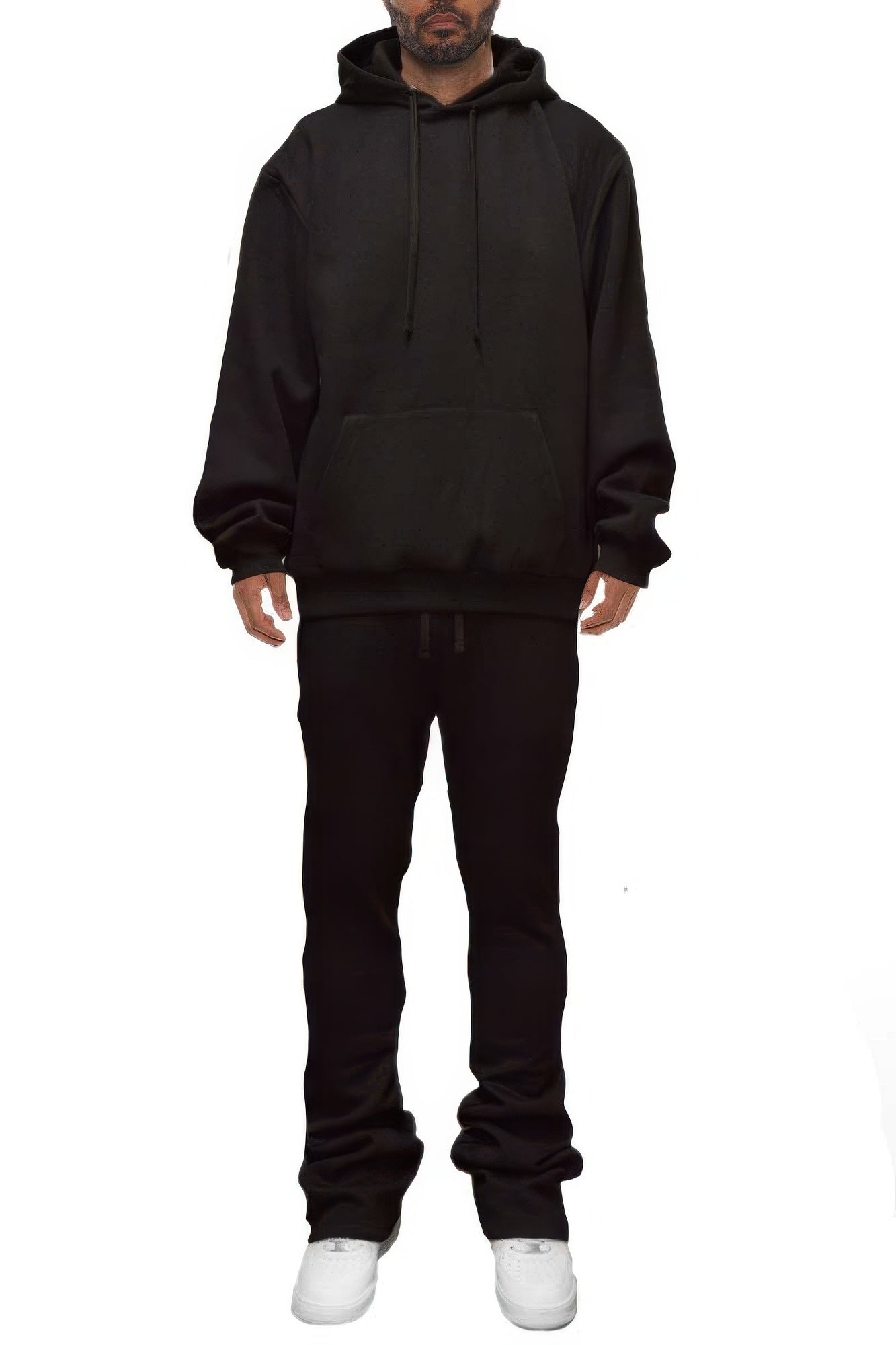 Golden Heir men's solid black flared set with stacked design, featuring a stylish and modern men's apparel look.