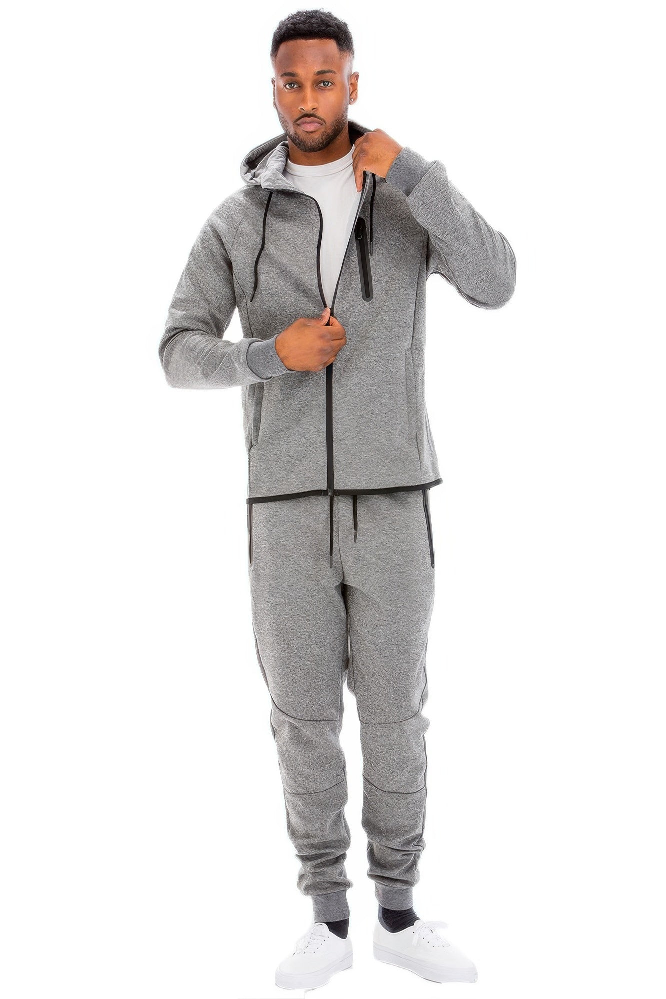Golden Heir men's full zip sweat pant set in black, featuring a comfortable full zip hoodie and matching sweatpants.