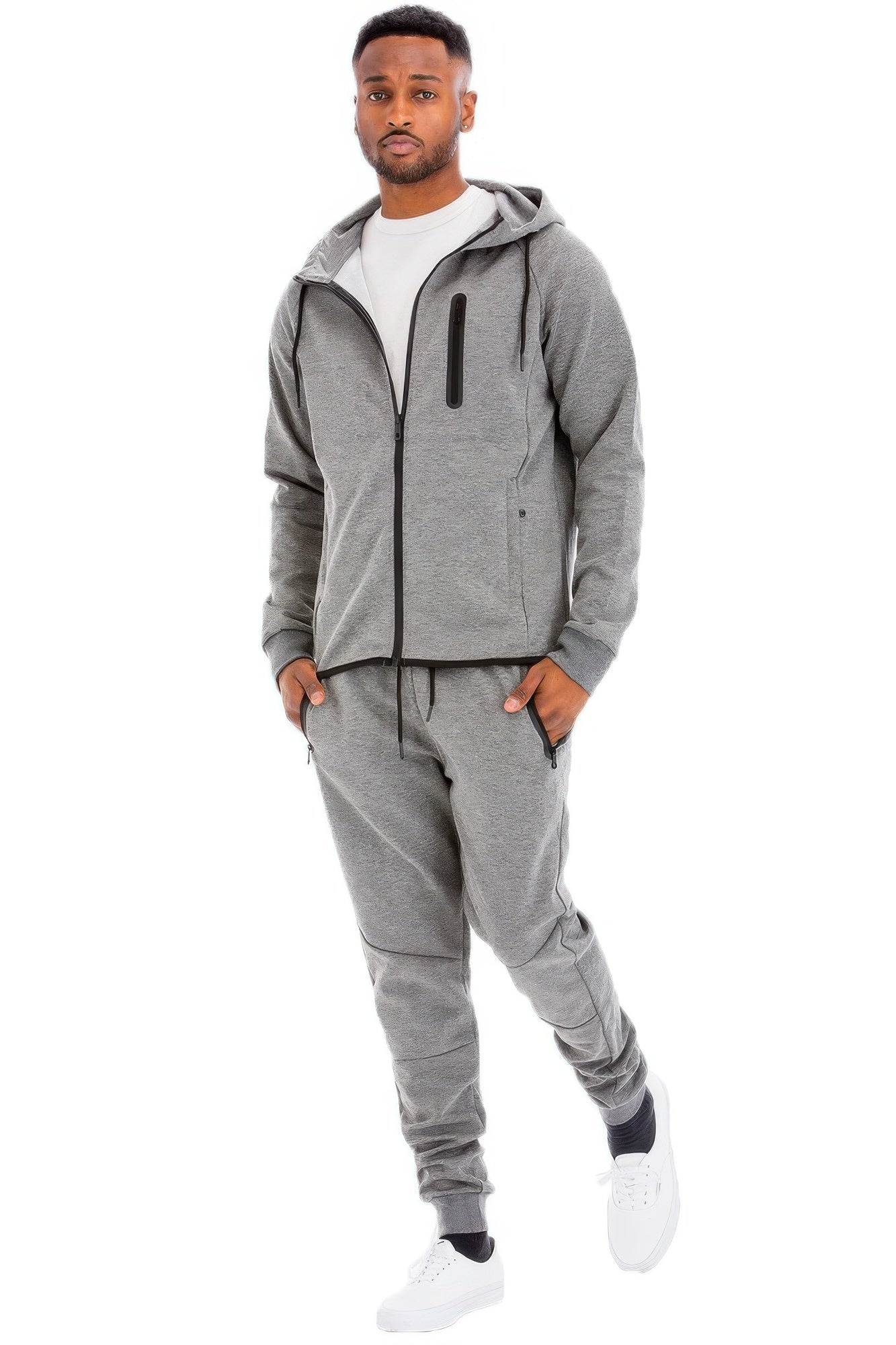 Golden Heir men's full zip sweat pant set in black, including matching joggers and sweatshirt, casual athletic loungewear.