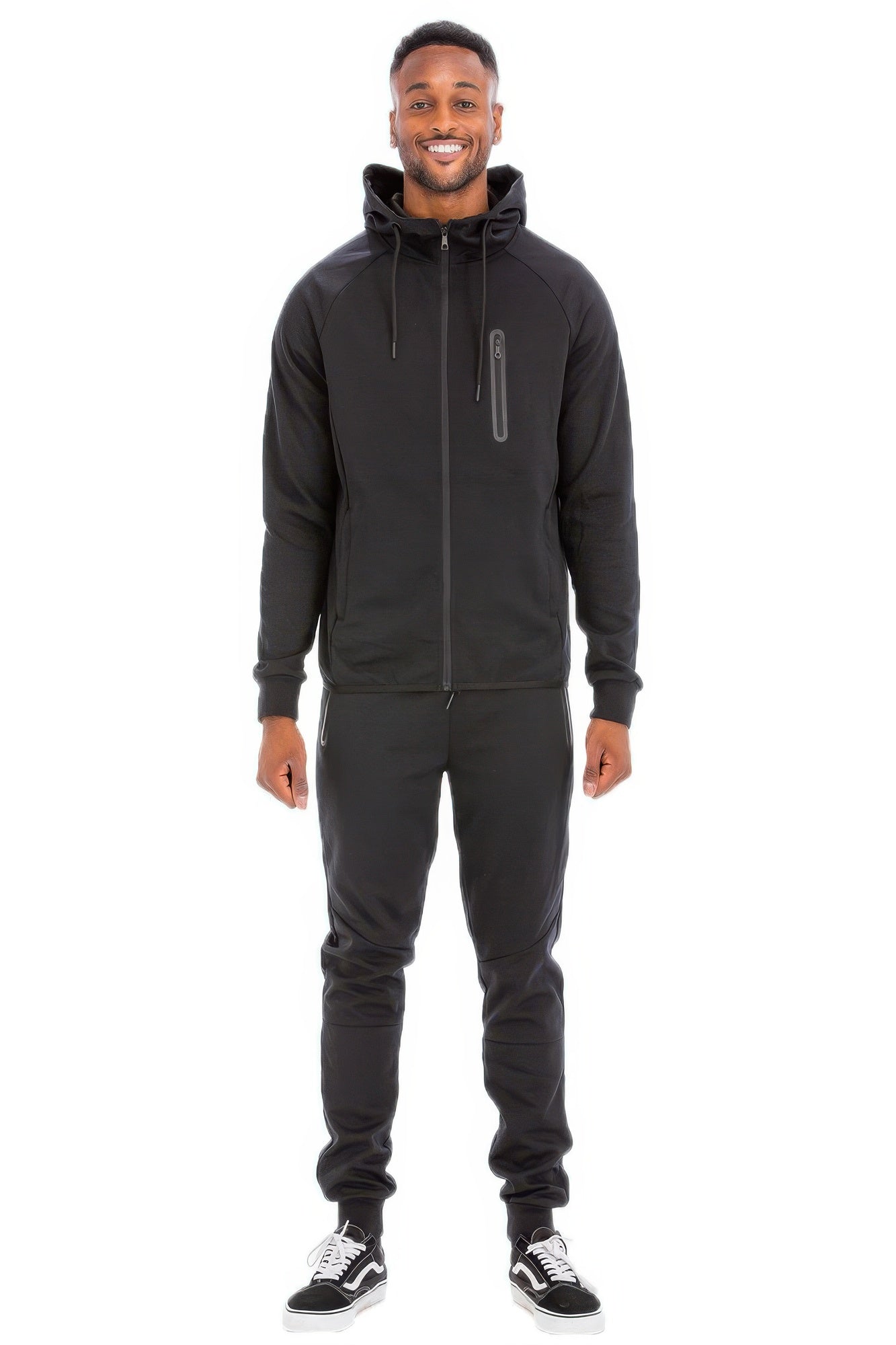 Golden Heir men's full zip sweat pant set in black, includes comfortable pants and matching zip-up jacket.