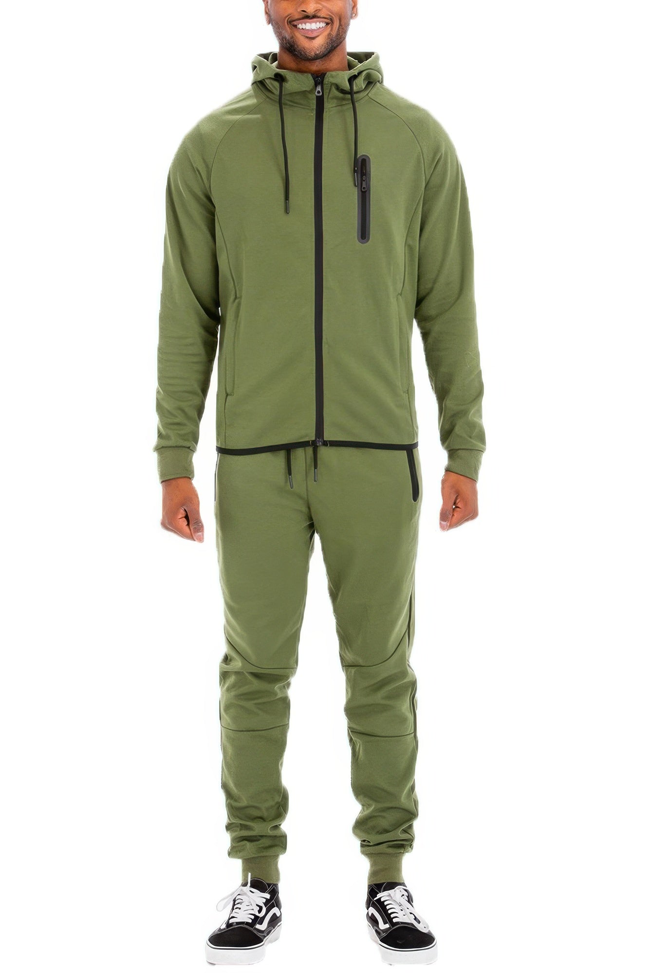 Golden Heir men's full zip sweat pant set in black, featuring comfortable joggers and a matching zip-up hoodie.