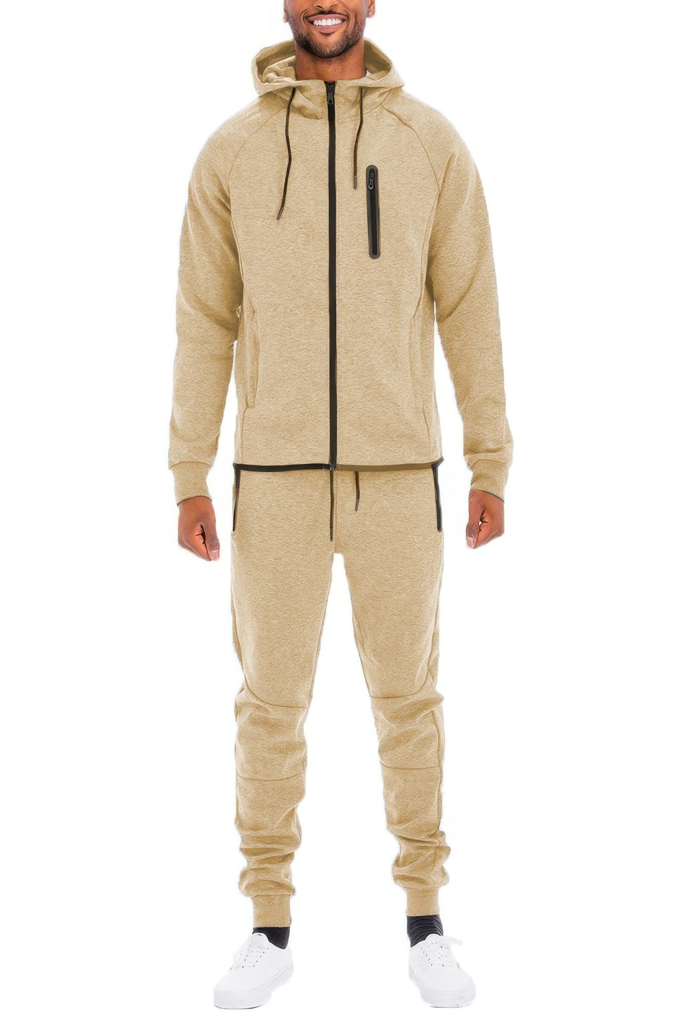 Golden Heir men's full zip sweat pant set in black, includes matching joggers and hoodie for comfortable casual wear.