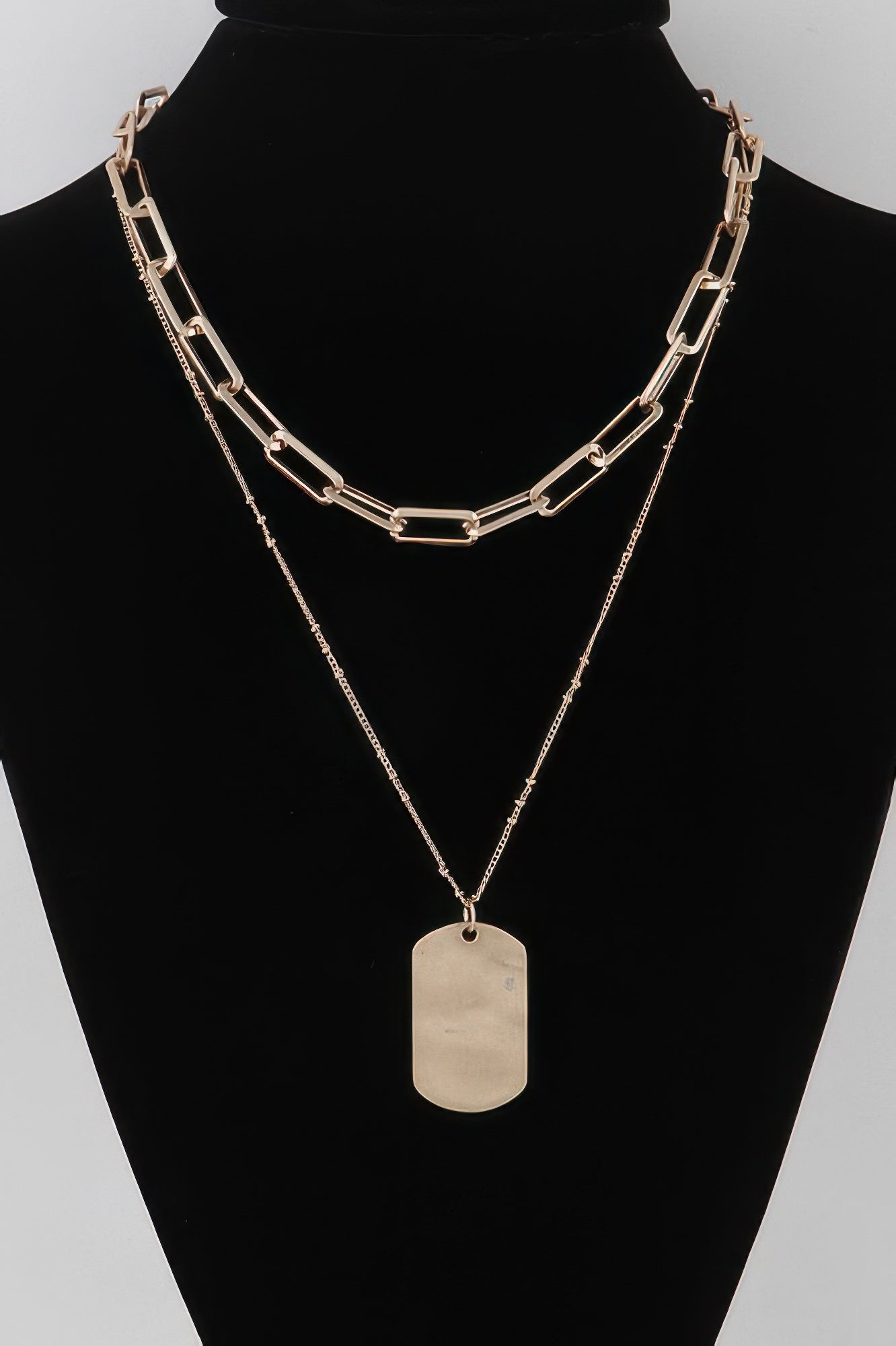 Golden Heir double-layered gold tag chain necklace with sleek design and adjustable length, perfect for stylish everyday wear.