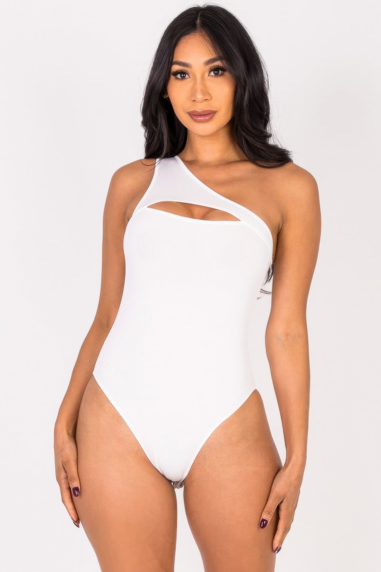 Black Golden Heir sculpted rib knit one-shoulder bodysuit displayed on a mannequin.