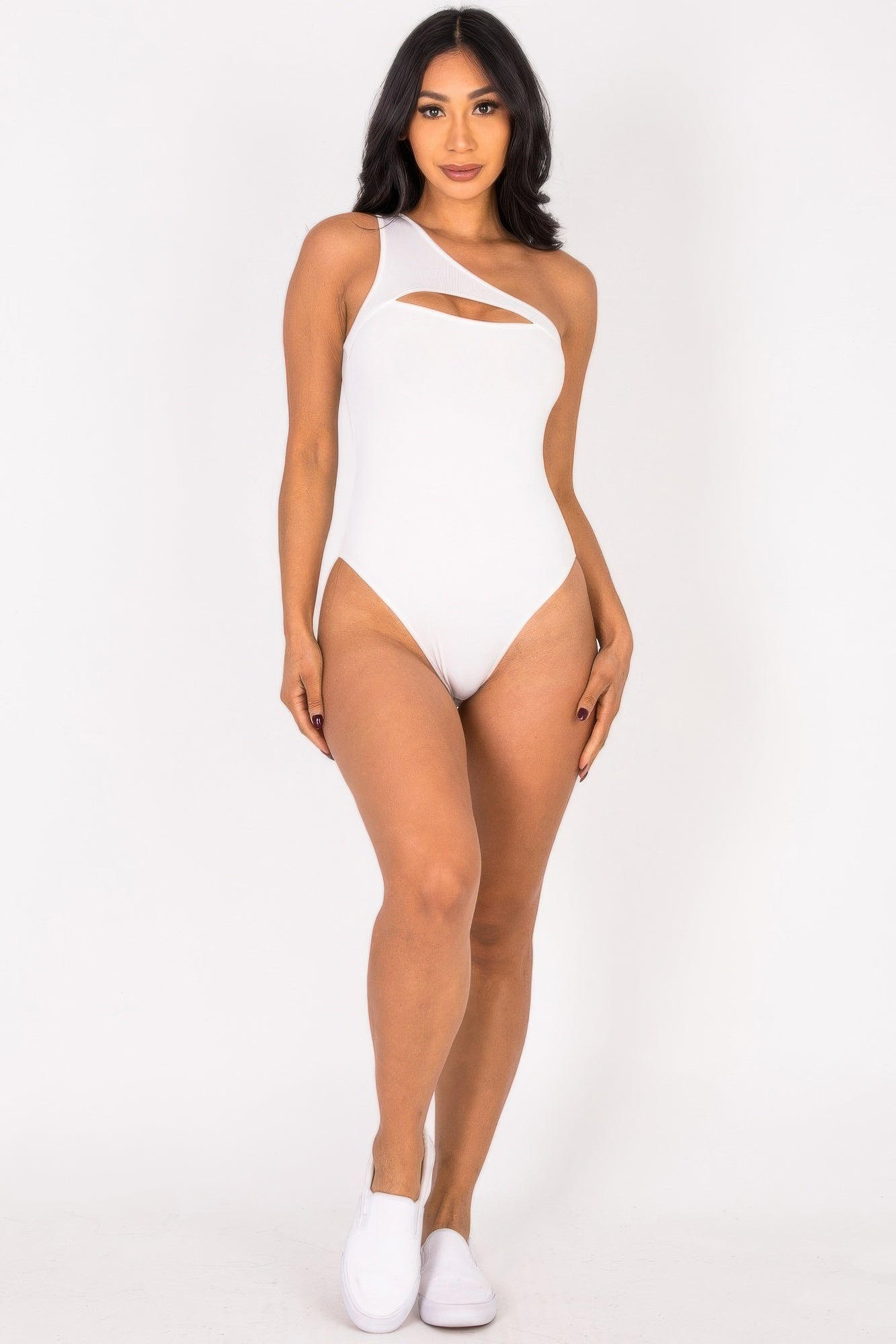 Golden Heir black sculpted rib knit one-shoulder bodysuit, close-up of stylish one-shoulder design and fitted fabric.