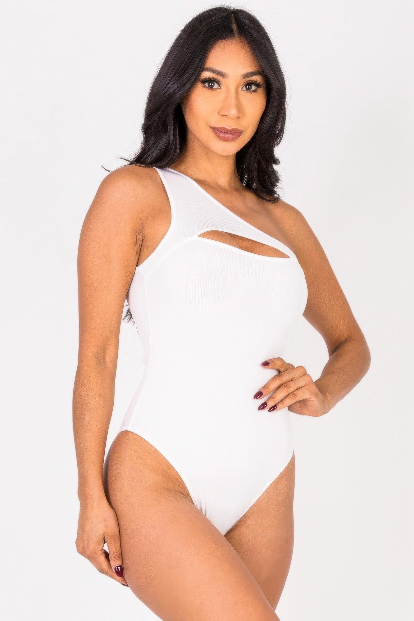 Golden Heir black sculpted rib knit one-shoulder bodysuit, close-up showing fitted design and stylish asymmetrical shoulder detail.