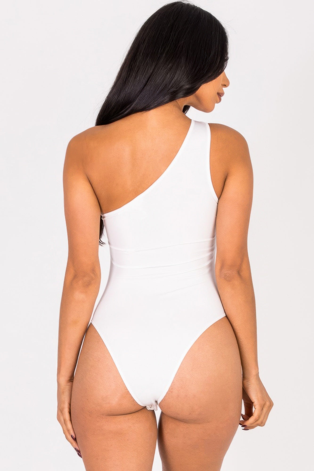 Golden Heir black rib knit one-shoulder bodysuit, close-up of sculpted fabric and stylish asymmetric shoulder design.