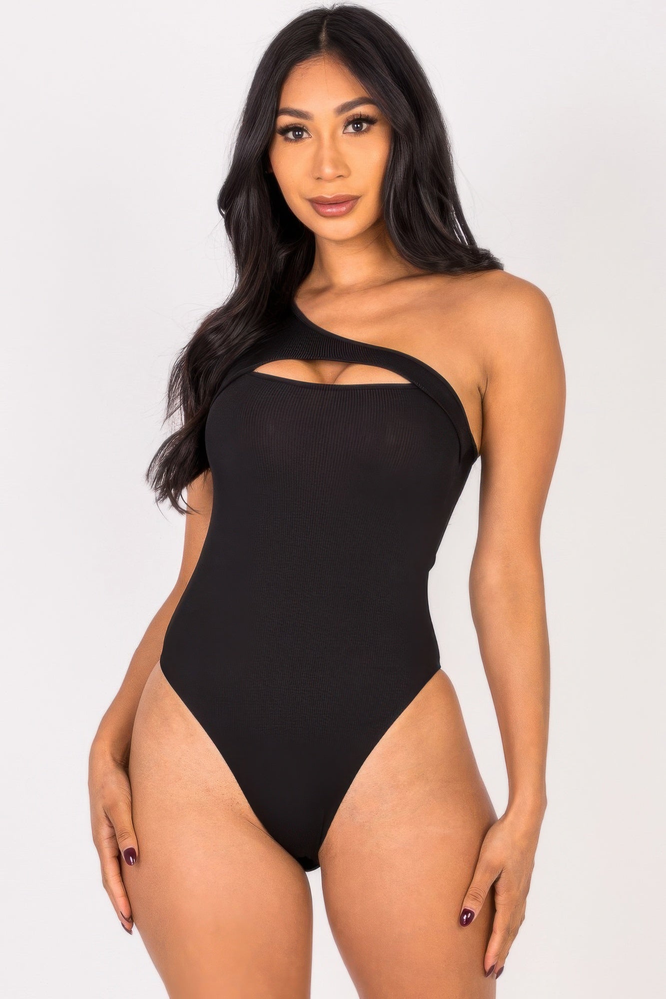 Golden Heir black rib knit one shoulder bodysuit with sculpted fit, featuring a stylish single shoulder design.