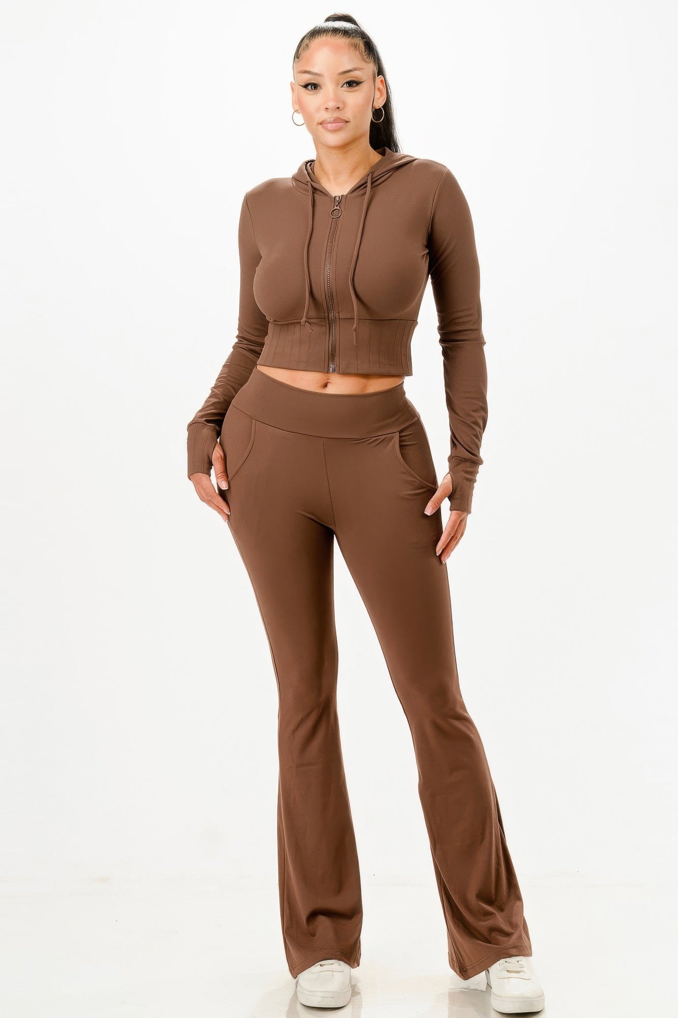 Golden Heir butter soft crop hoodie and flare pants set, casual outfit with a relaxed fit and trendy style.
