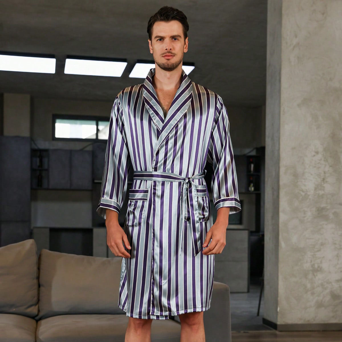 Men's summer silk bathrobe nightgown from Golden Heir, black pajamas with a yellow collar, lightweight and comfortable for summer lounging.