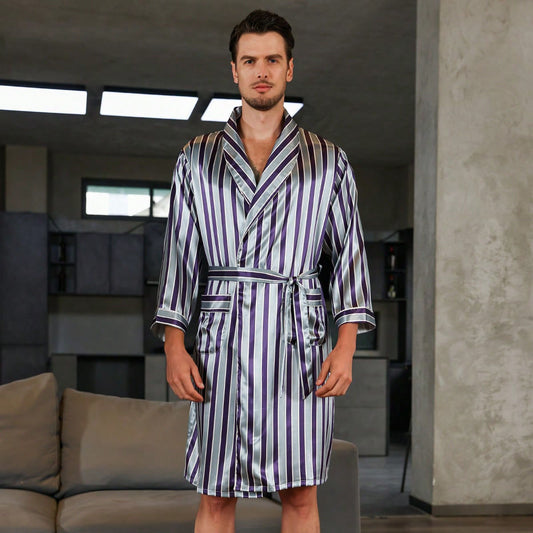 Men's summer silk bathrobe nightgown from Golden Heir, black pajamas with a yellow collar, lightweight and comfortable for summer lounging.