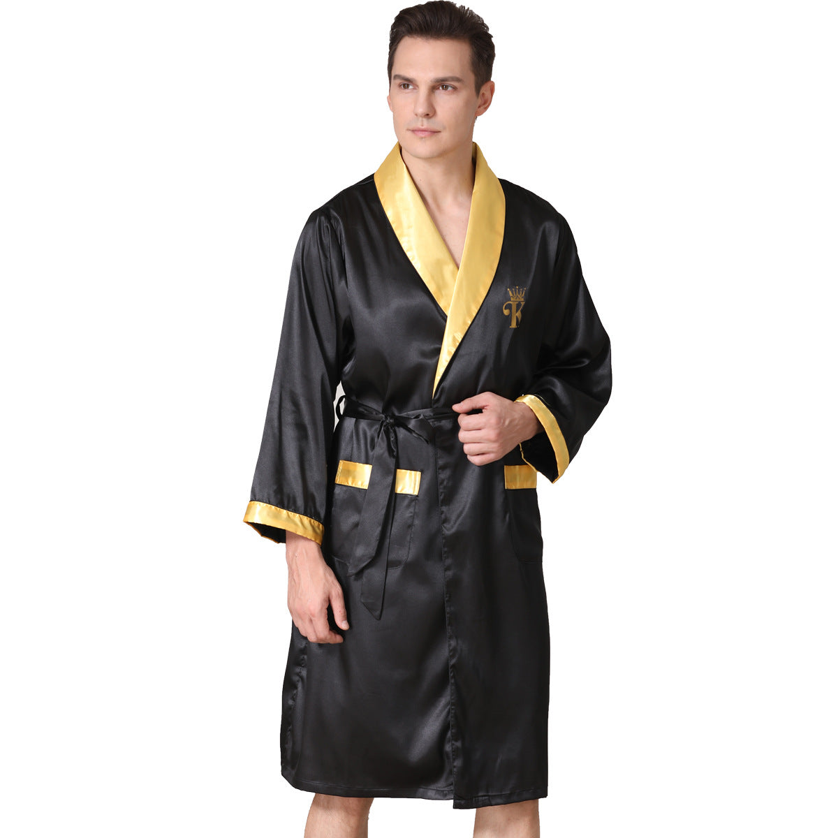 Men's summer silk bathrobe nightgown pajamas by Golden Heir, black with yellow collar, lightweight and comfortable for warm nights.