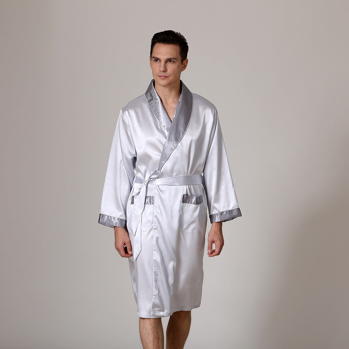 Men's black silk bathrobe nightgown with yellow collar, Golden Heir summer pajamas, lightweight and comfortable for warm nights.