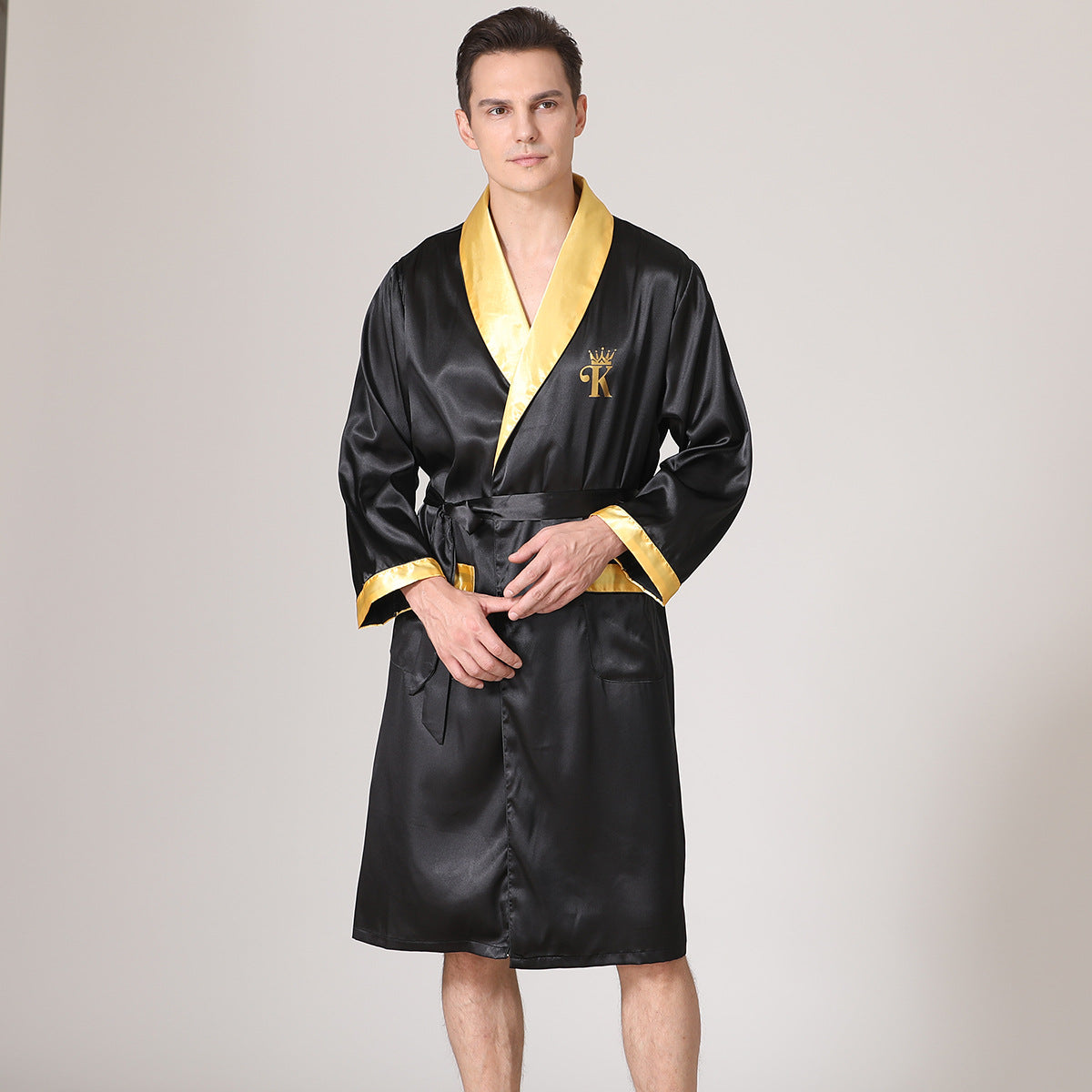 Men's summer silk bathrobe nightgown by Golden Heir, black pajamas with yellow collar, lightweight and comfortable for relaxed evenings.