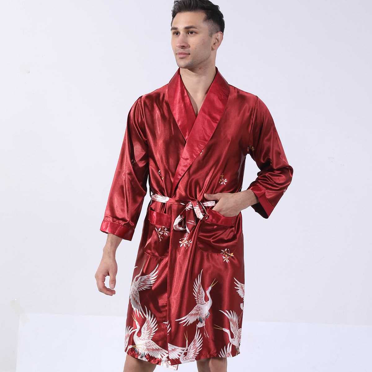 Men's summer silk bathrobe nightgown by Golden Heir in black with yellow collar, featuring a comfortable pajama style.