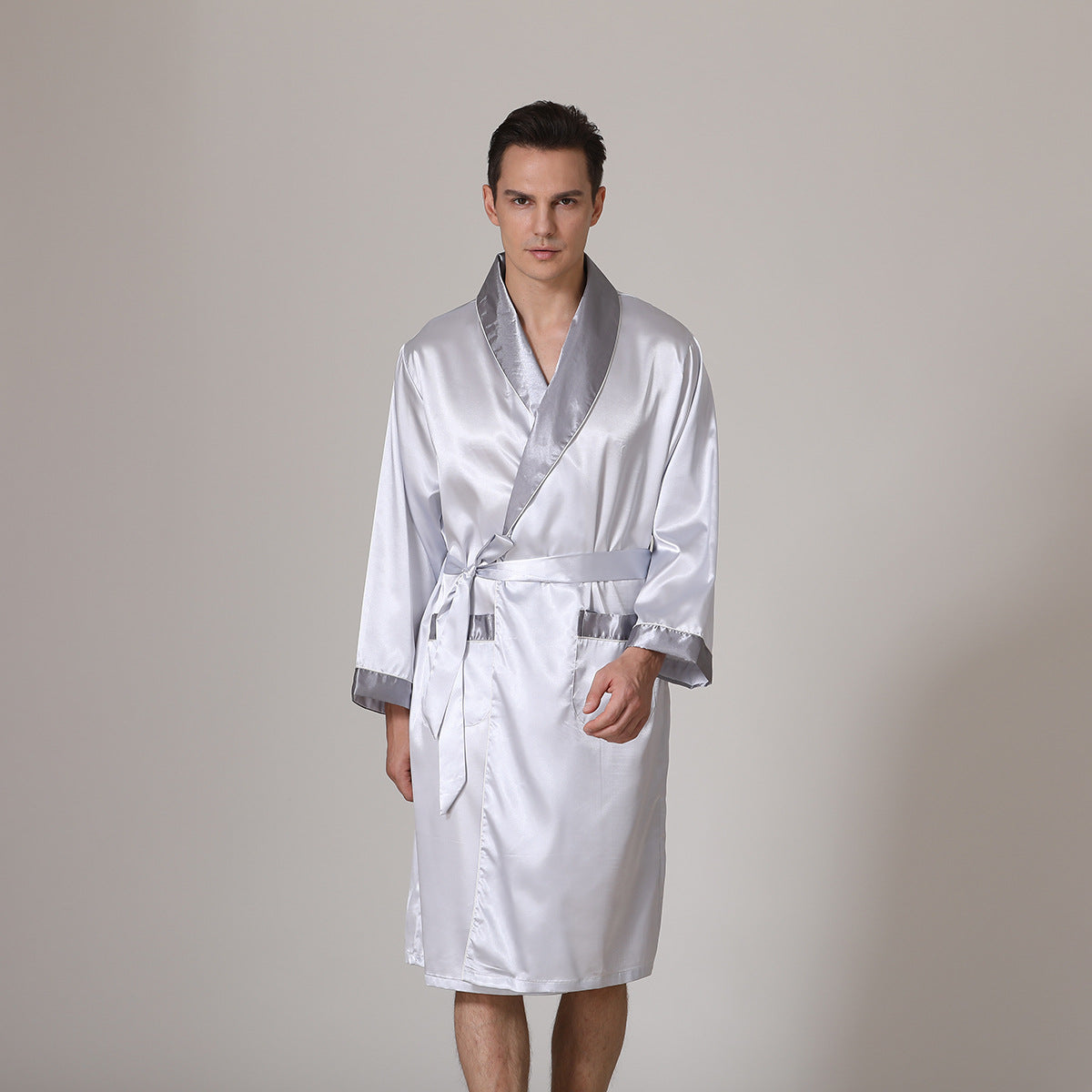 Men's Golden Heir summer silk bathrobe and nightgown with black fabric and yellow collar, lightweight pajamas for comfortable sleep.