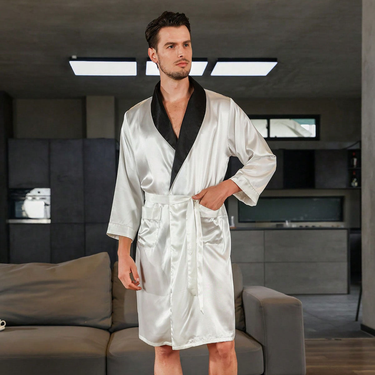 Men's summer silk bathrobe nightgown pajamas by Golden Heir with black fabric and yellow collar, lightweight and comfortable.